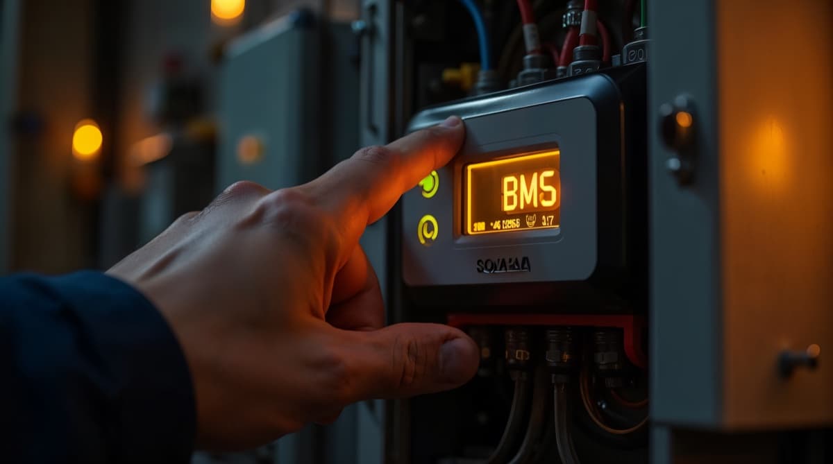Tableau électrique domestique moderne avec onduleur hybride solaire, BMS Battery Management System visible, batterie murale LiFePO4, gainage net et étiquetage professionnel installateur RGE QualiPV