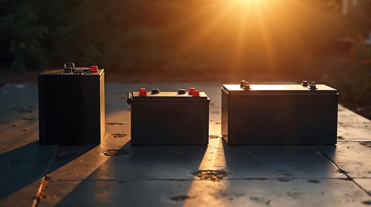 Comparaison de trois technologies de batteries solaires : module LiFePO4 moderne LUNA 2000, batterie lithium-ion Tesla Powerwall, et batterie plomb-acide AGM industrielle, ambiance studio technique éclairage doré