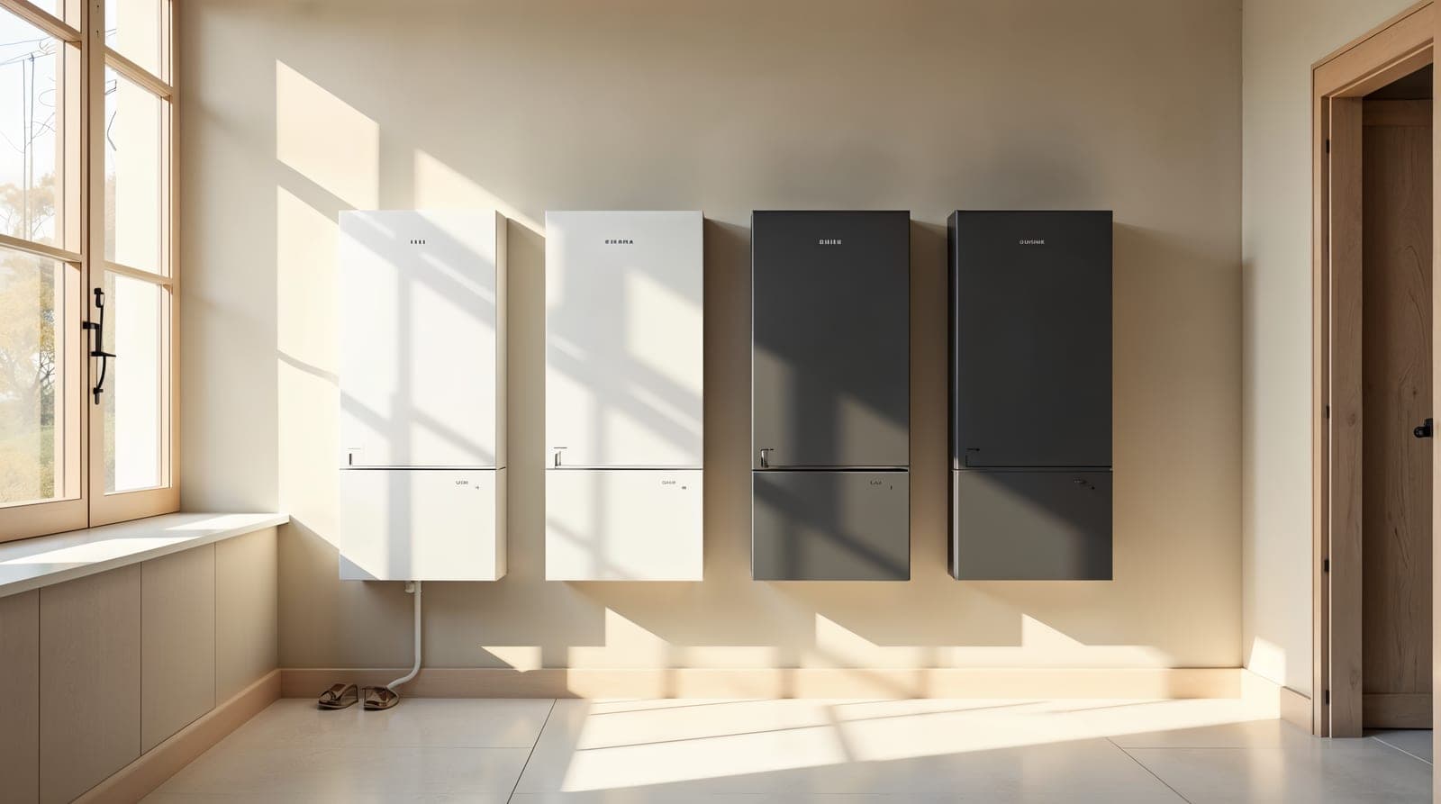 Composition éditoriale claire de plusieurs batteries résidentielles murales modernes dans un local technique propre et lumineux, boîtiers mats sans étiquette lisible, design modulaire empilable, lumière naturelle douce, ambiance documentaire produit