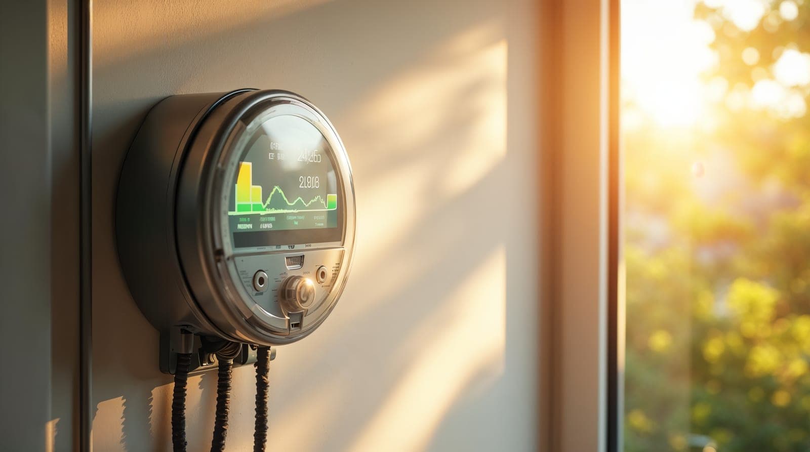 Vue éditoriale claire d'un coffret électrique de maison française avec compteur communicant et écran de suivi énergétique affichant des courbes de production et de consommation sans valeurs lisibles, lumière naturelle douce, ambiance documentaire