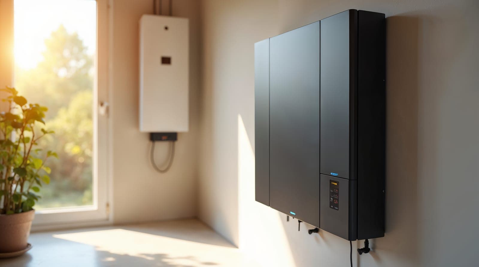 Vue éditoriale claire d'une batterie résidentielle LiFePO4 murale et d'un onduleur hybride installés dans un local technique propre, lumière naturelle douce de jour, ambiance documentaire évoquant le nouveau cœur du modèle solaire résidentiel