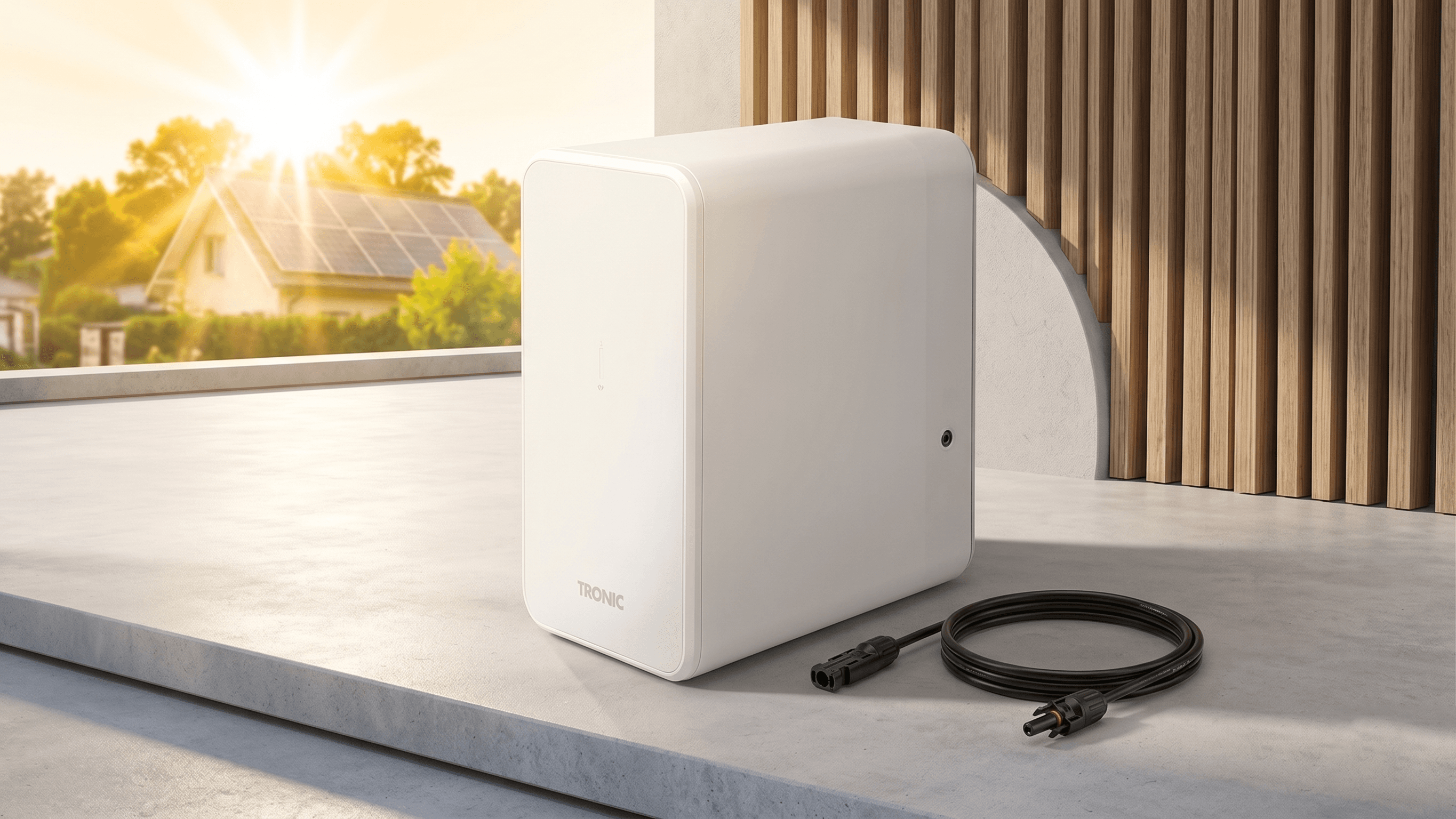 Batterie solaire murale plug-and-play LFP de marque distributeur installée dans un local technique français, design noir mat compact, connecteurs DC visibles, lumière naturelle douce, ambiance documentaire éditoriale, photographie ultra réaliste