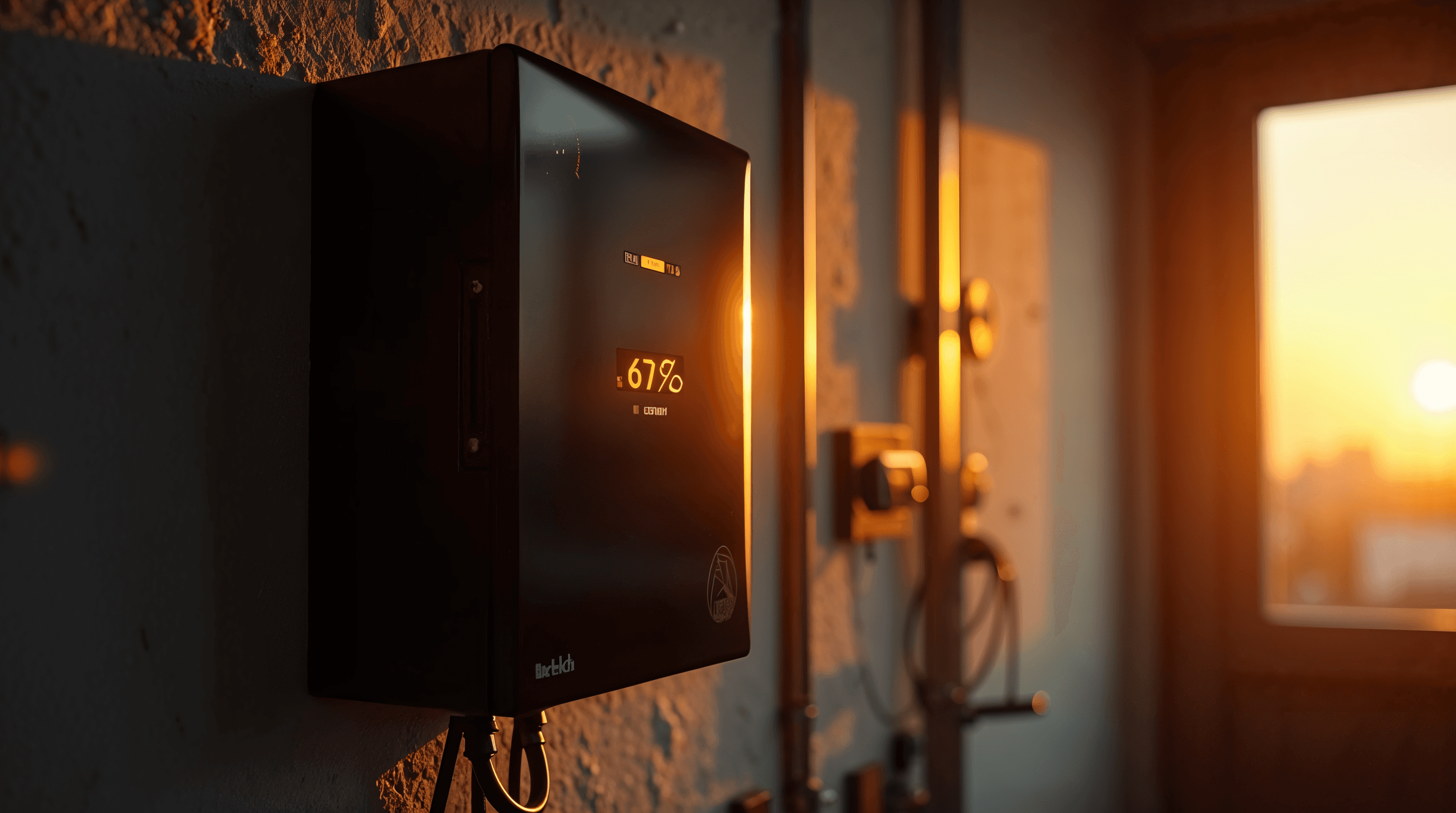 Batterie solaire LiFePO4 murale moderne dans un local technique d'une maison française, voyant lumineux d'état clignotant, écran digital affichant un faible pourcentage de capacité utilisée, lumière dorée dramatique entrant par une fenêtre latérale, ambiance éditoriale tendue, photographie cinématographique ultra réaliste