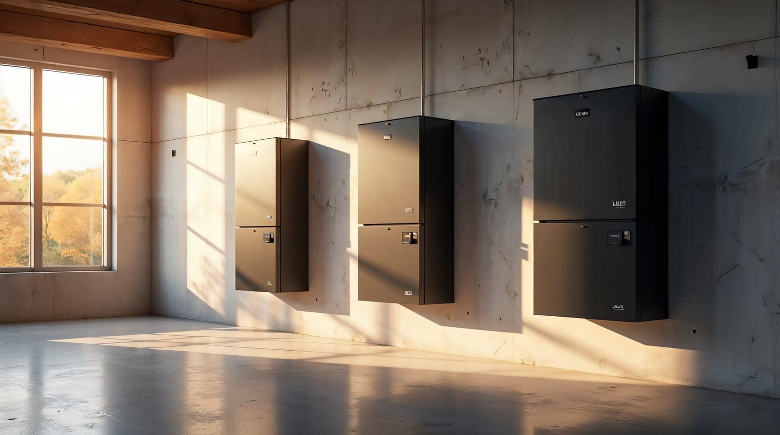 Plusieurs batteries solaires résidentielles modernes alignées dans un showroom technique, modèles murales LiFePO4 noires et blanches, étiquettes de capacité visibles, lumière dorée éclatante venant d'une grande baie vitrée, ambiance éditoriale produit ultra réaliste