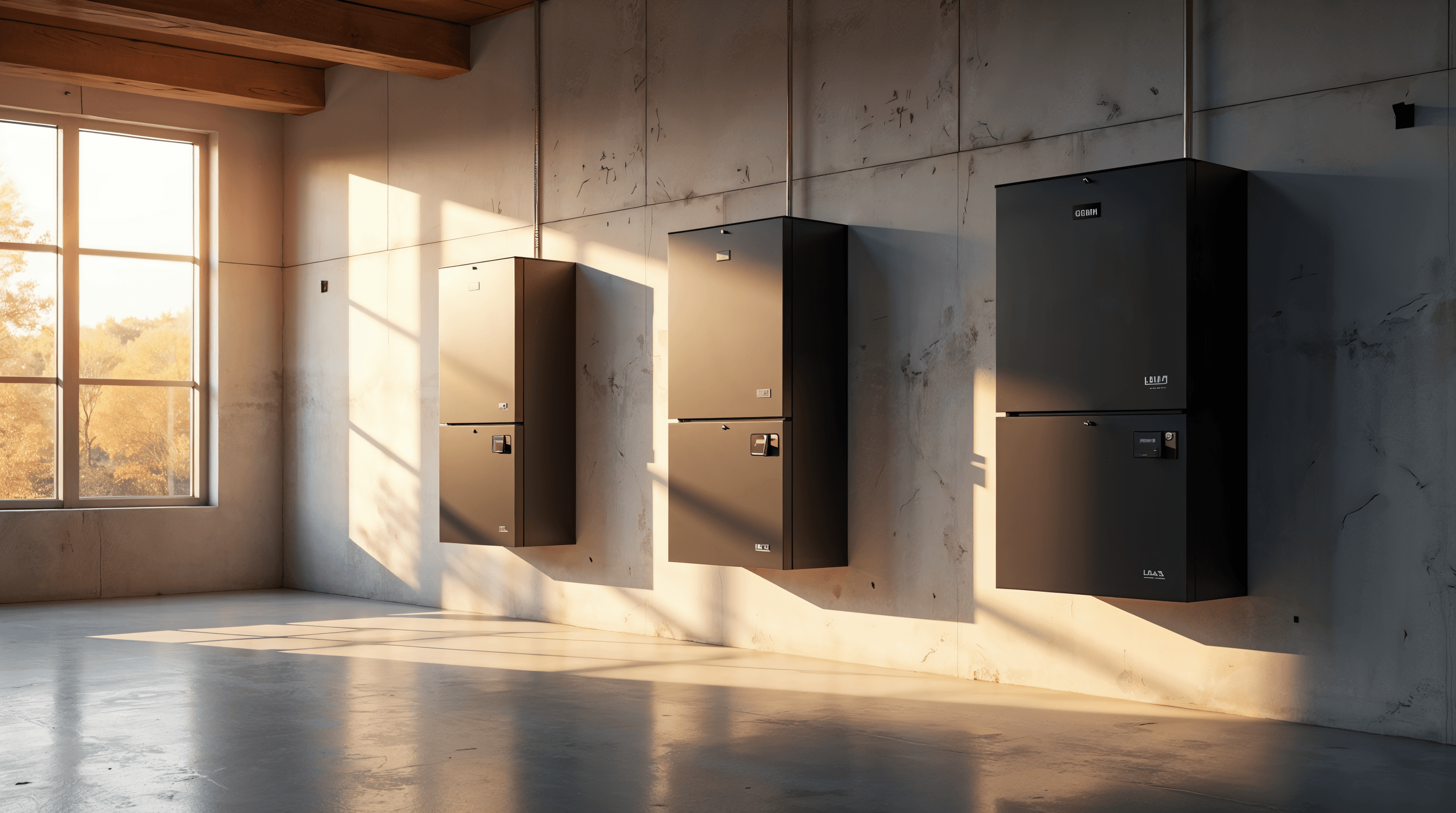 Plusieurs batteries solaires résidentielles modernes alignées dans un showroom technique, modèles murales LiFePO4 noires et blanches, étiquettes de capacité visibles, lumière dorée éclatante venant d'une grande baie vitrée, ambiance éditoriale produit ultra réaliste