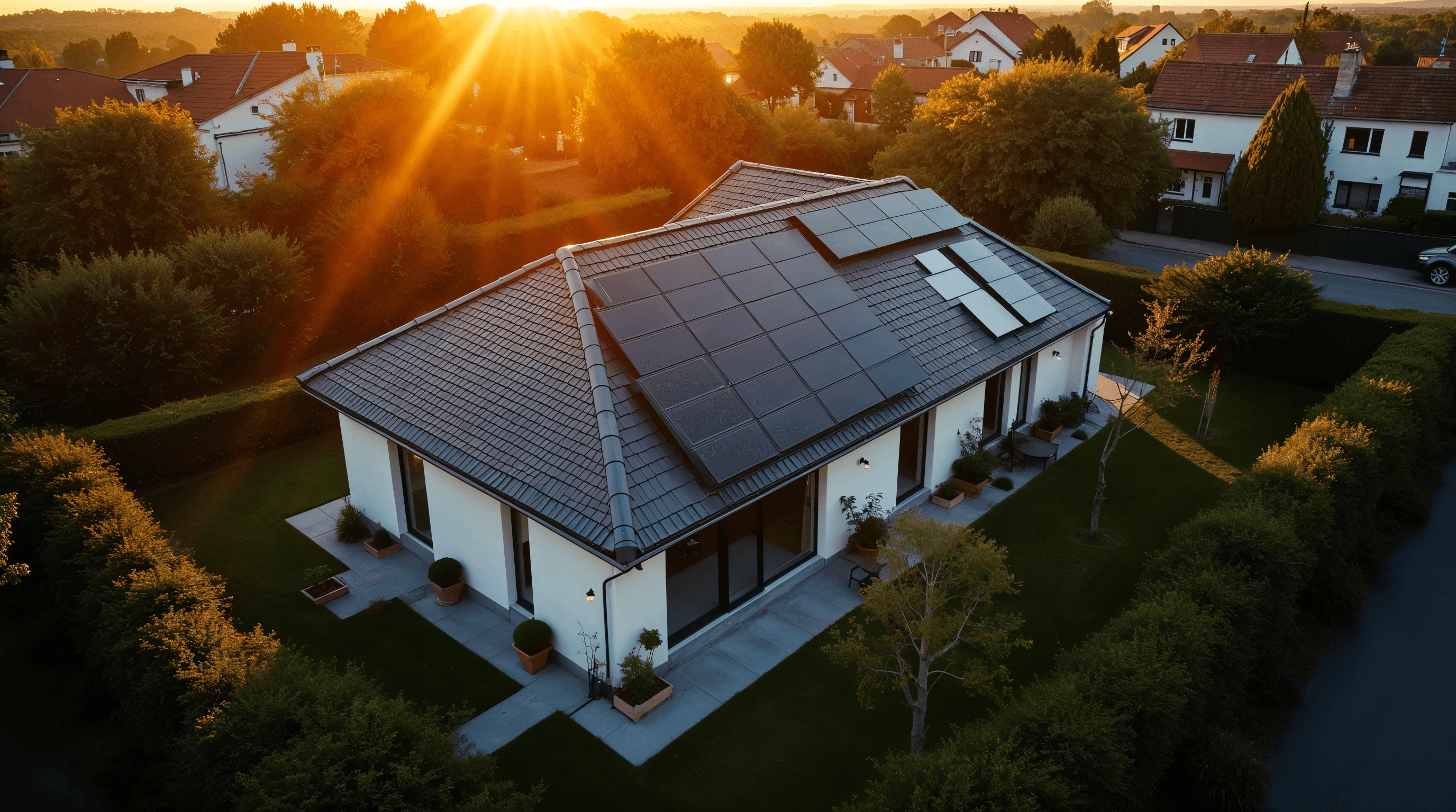 Vue aérienne au coucher du soleil d'une maison française moderne de 80 m² avec une toiture intégralement couverte de panneaux solaires monocristallins noirs alignés en rangées régulières, lumière dorée chaude et ombres allongées, ambiance éditoriale réaliste