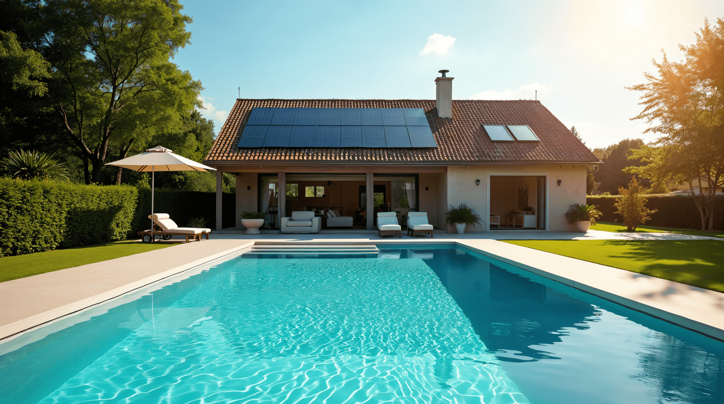 Maison résidentielle française moderne avec piscine extérieure et toiture équipée de panneaux solaires monocristallins noirs, journée ensoleillée d'été, ambiance résidentielle premium, photographie ultra réaliste éditoriale