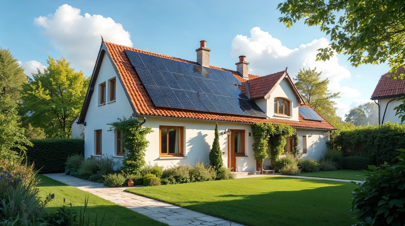 Maison individuelle française typique avec toit en tuiles équipé de panneaux solaires monocristallins noirs, jardin avant en gazon, ciel bleu lumineux avec quelques nuages blancs, lumière douce de matinée printanière, ambiance éditoriale réaliste, photographie naturelle