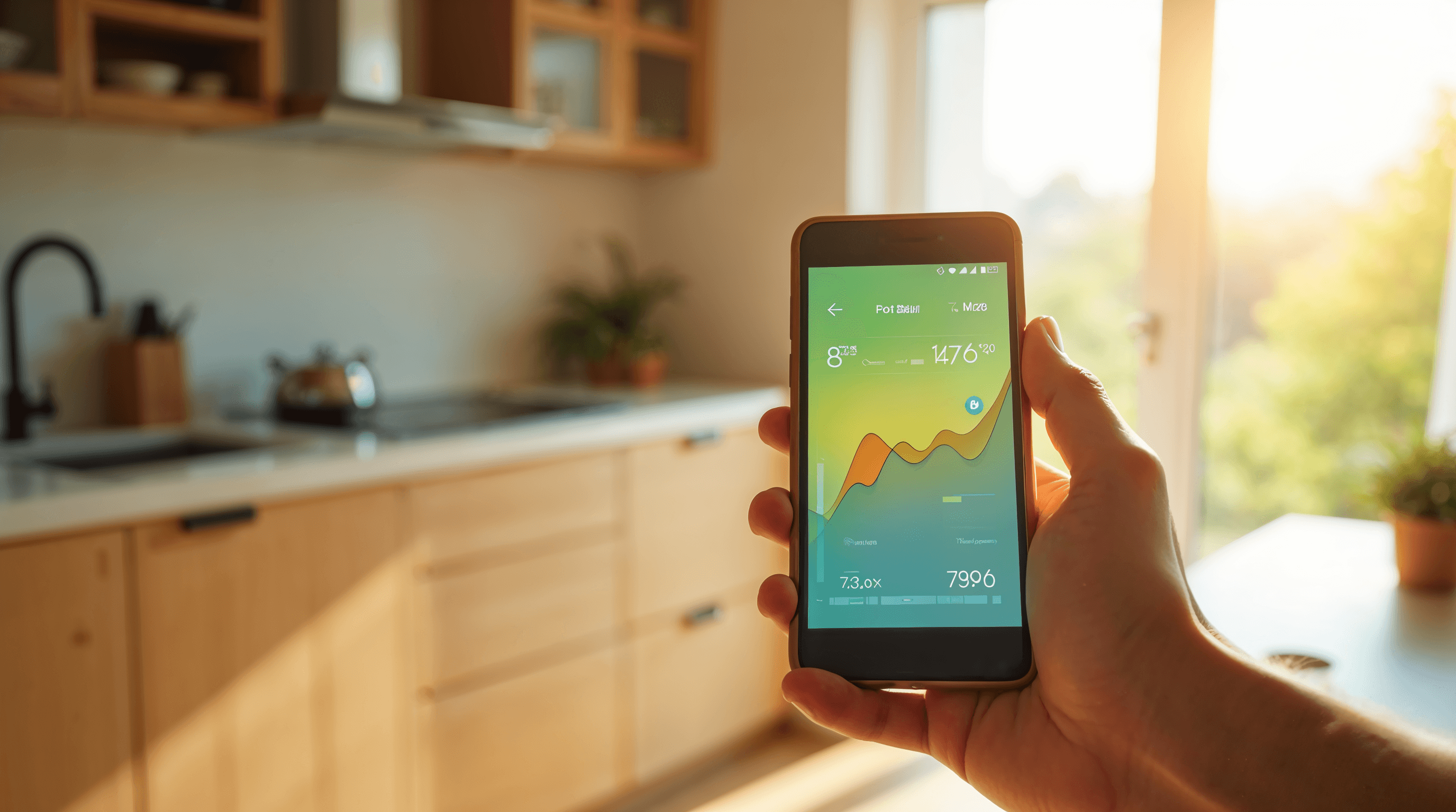Main d'un propriétaire tenant un smartphone dans une cuisine française moderne lumineuse, écran affichant une courbe de production et de revente solaire, fond de cuisine en bois clair avec fenêtre laissant entrer une lumière dorée du matin, ambiance domestique éditoriale
