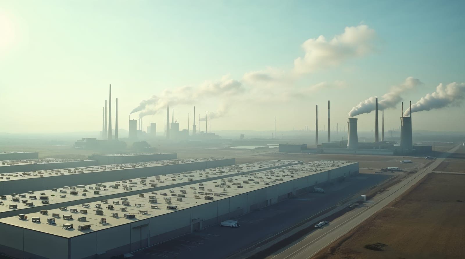 Vue éditoriale documentaire claire d'un grand data center américain en lumière naturelle de jour, avec turbines industrielles et cheminées visibles en arrière-plan, ambiance révélant le paradoxe d'une IA alimentée au gaz pendant que SpaceX promet du solaire en orbite