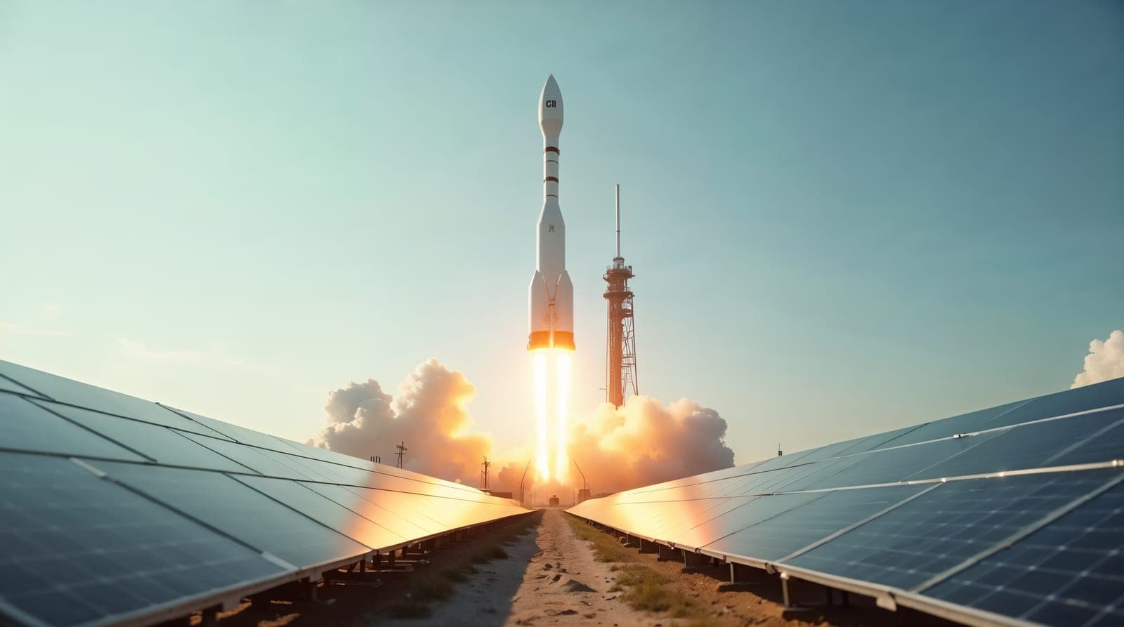 Vue claire d'une toiture pavillonnaire française couverte de panneaux solaires monocristallins noirs alignés sous un ciel bleu lumineux de jour, ambiance documentaire éditoriale claire évoquant le contraste entre le solaire terrestre concret et la promesse spatiale lointaine d'Elon Musk en 2026