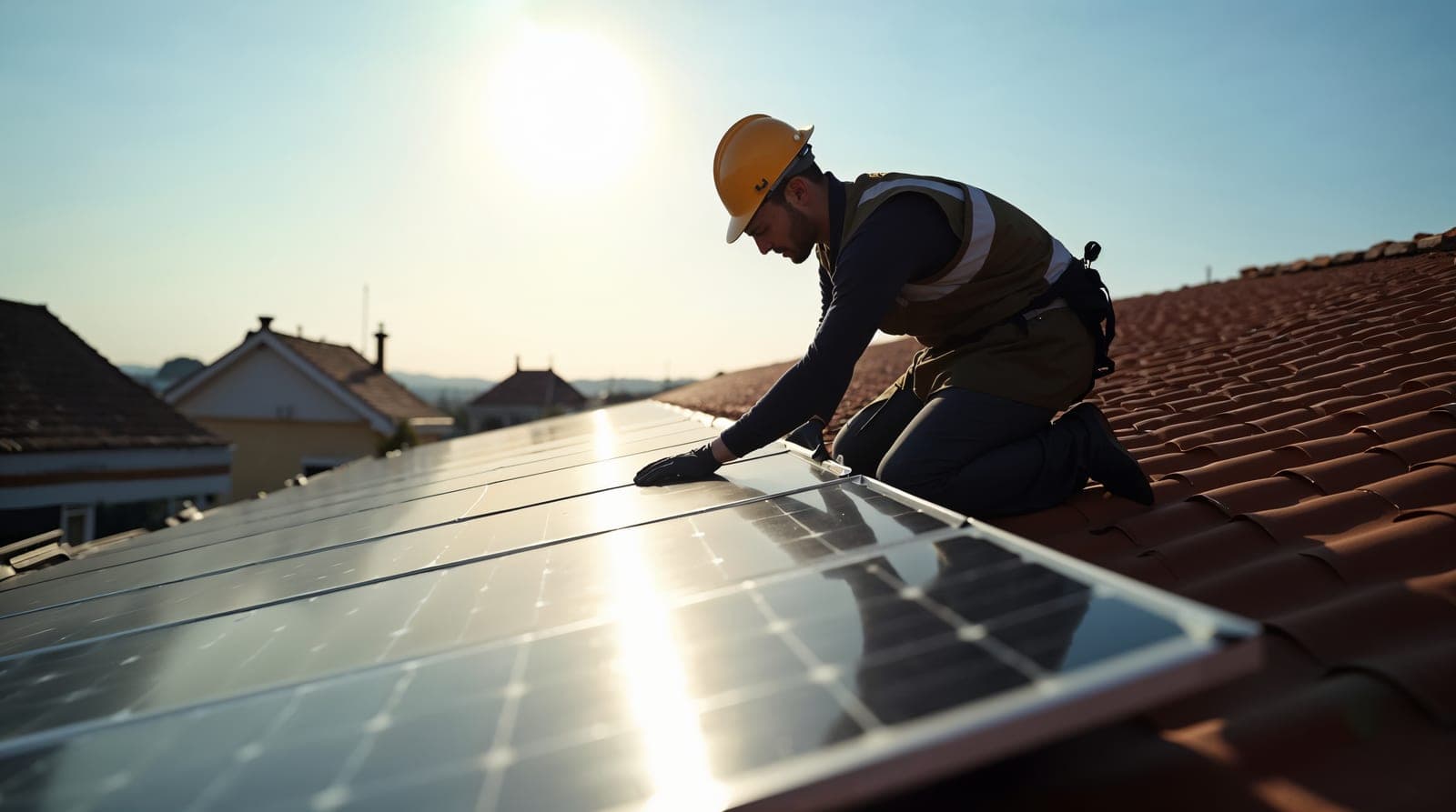 Gros plan éditorial documentaire clair sur l'alignement précis de panneaux solaires monocristallins noirs sur une toiture pavillonnaire française, silhouette d'installateur de profil en lumière naturelle de jour, ambiance révélant la qualité d'un calepinage soigné comme condition de rentabilité réelle