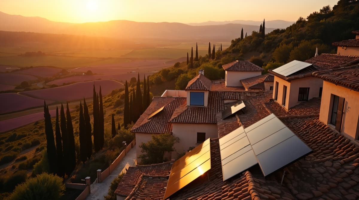 Vue aérienne d'un village provençal méditerranéen au coucher du soleil, toits en tuiles terre cuite équipés de panneaux solaires noirs, ciel doré, lumière chaude éditoriale