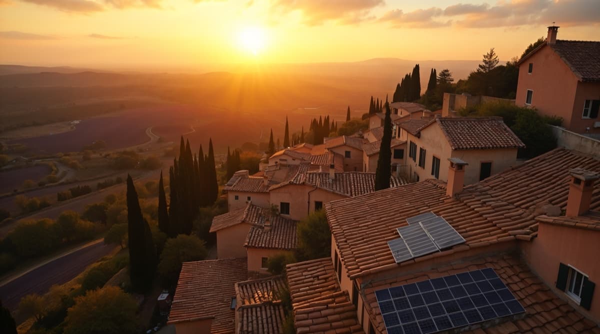 Vue aérienne d'un village provençal méditerranéen au coucher du soleil, toits en tuiles terre cuite équipés de panneaux solaires noirs, ciel doré, lumière chaude éditoriale