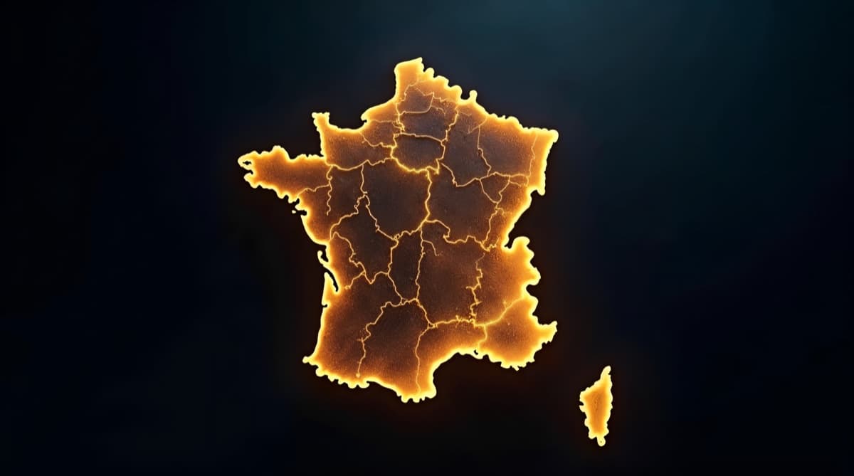 Carte stylisée de l'ensoleillement en France métropolitaine, avec un gradient des départements les plus ensoleillés du sud aux moins ensoleillés du nord, fond sombre éditorial