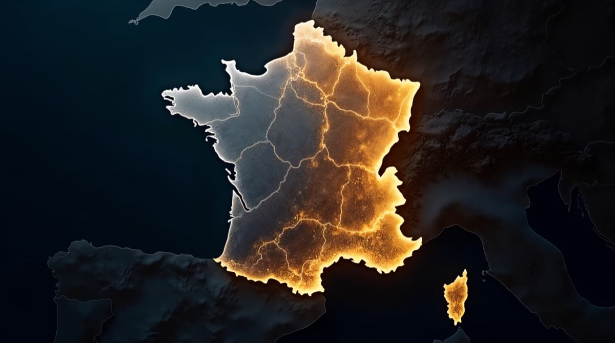 Carte stylisée de l'ensoleillement en France métropolitaine, avec un gradient des départements les plus ensoleillés du sud aux moins ensoleillés du nord, fond sombre éditorial