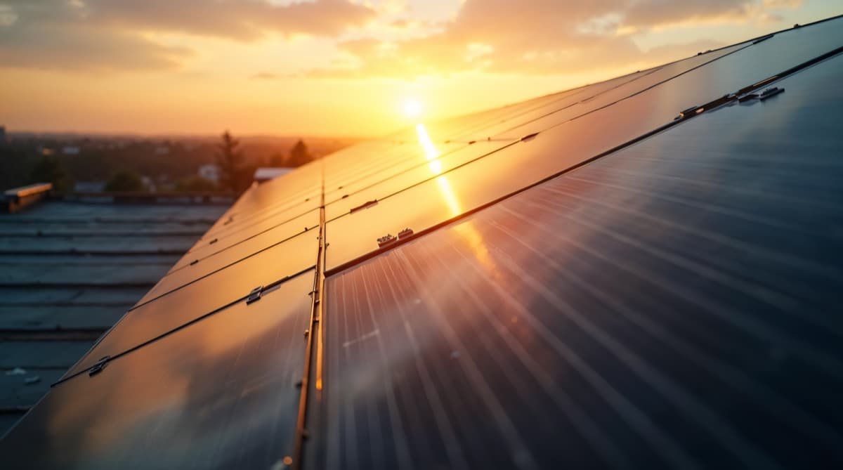 Toit résidentiel équipé de panneaux solaires photovoltaïques noirs au coucher du soleil, longues ombres dorées, vue rasante éditoriale, lumière chaude révélant la précision de l'installation