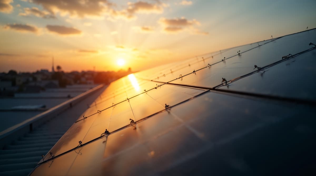 Toit résidentiel équipé de panneaux solaires photovoltaïques noirs au coucher du soleil, longues ombres dorées, vue rasante éditoriale, lumière chaude révélant la précision de l'installation