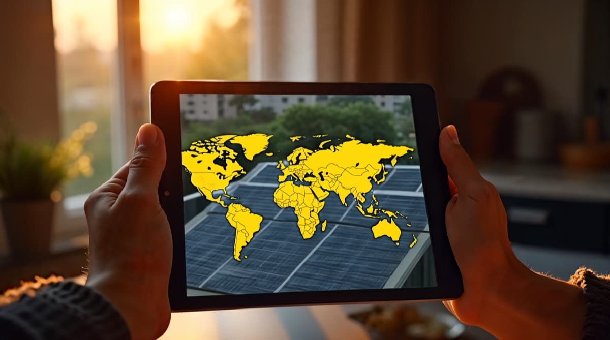 Vue d'écran d'un simulateur photovoltaïque interactif Zonark sur tablette, montrant un toit en vue satellite avec panneaux positionnés et estimation de production annuelle, ambiance domestique chaleureuse