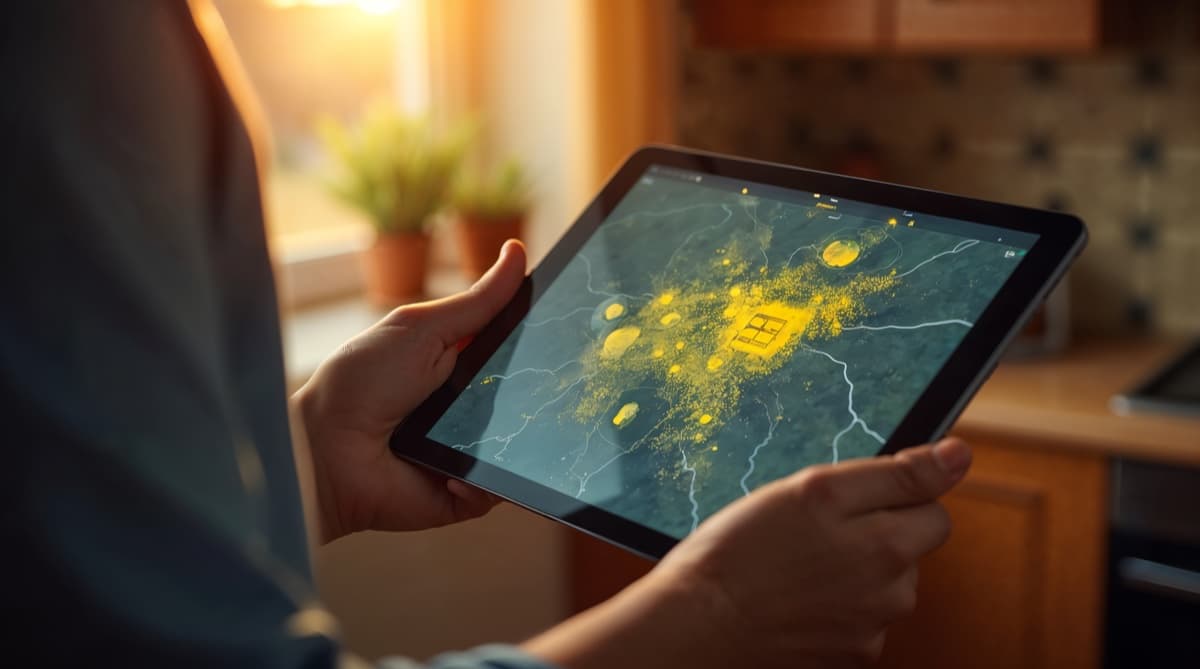 Vue d'écran d'un simulateur photovoltaïque interactif Zonark sur tablette, montrant un toit en vue satellite avec panneaux positionnés et estimation de production annuelle, ambiance domestique chaleureuse