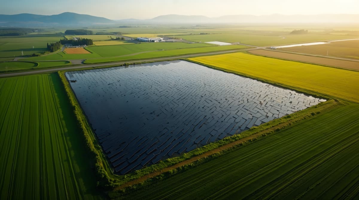 Vue aérienne d'une ferme solaire de 1 hectare avec des rangées de panneaux solaires parfaitement alignées sur une parcelle agricole, lumière du soleil matinale, style documentaire professionnel