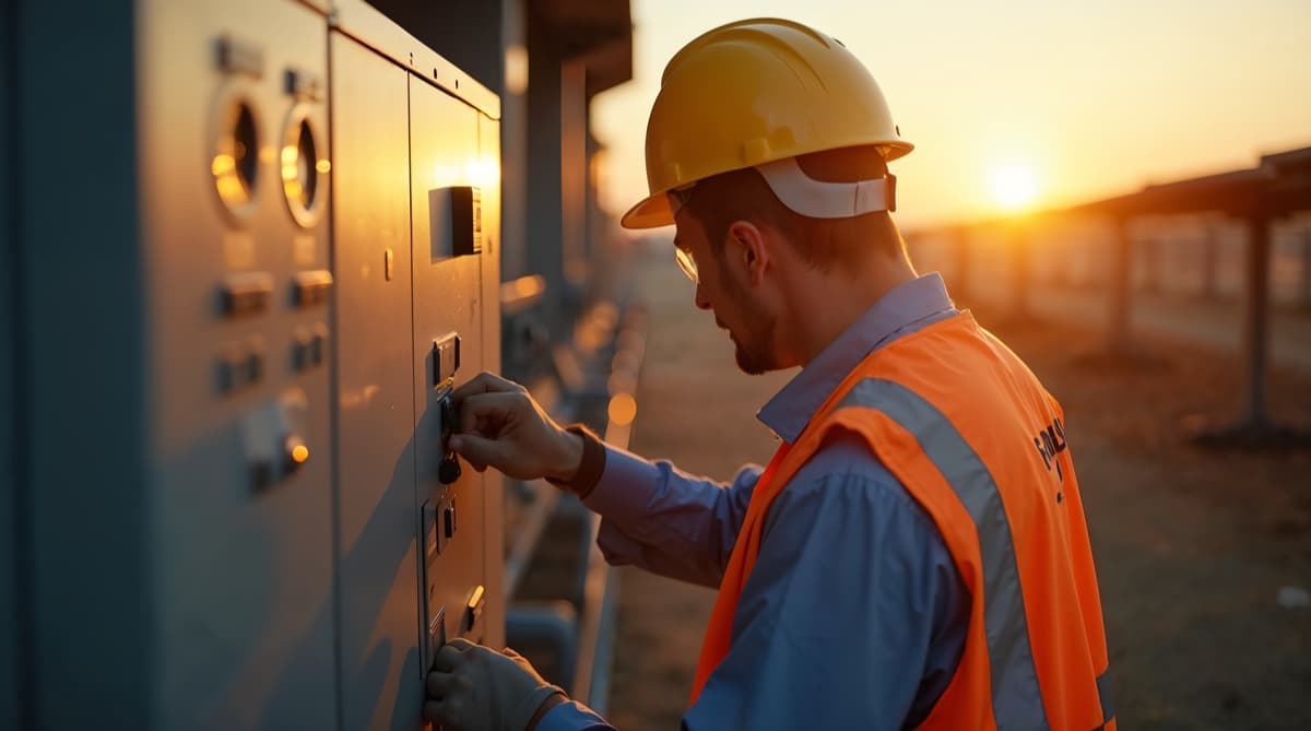 Techniciens en train d'inspecter un onduleur haute puissance et le raccordement électrique d'un parc solaire au sol, gilets de sécurité, équipement de mesure, ambiance professionnelle
