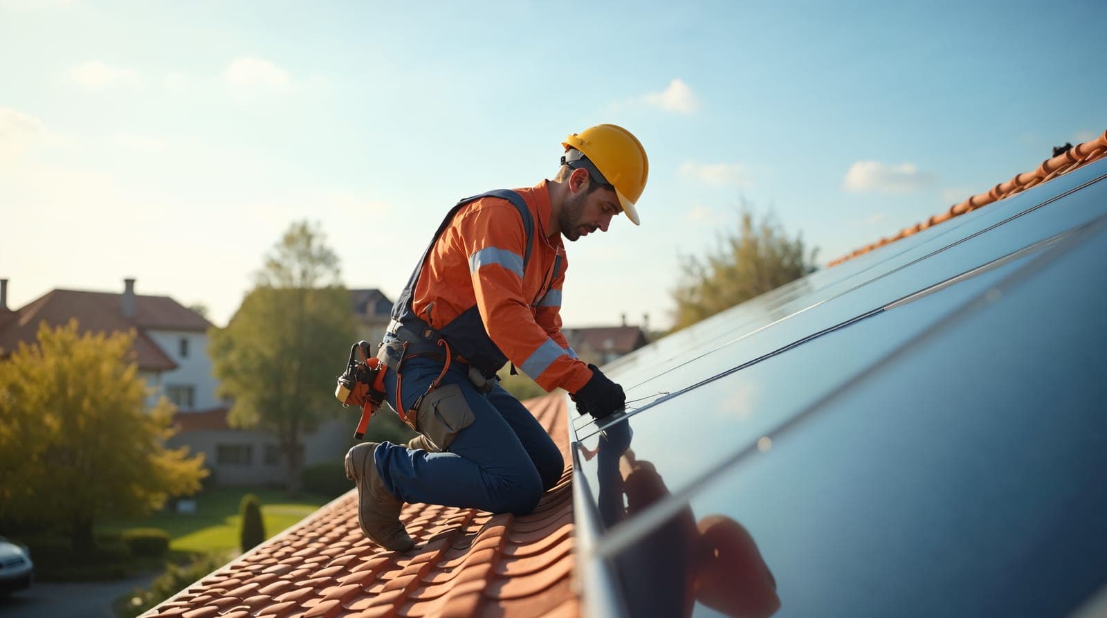 Installateur en tenue de travail posant un panneau solaire monocristallin noir sur une toiture pavillonnaire européenne, lumière naturelle de matinée chaude, ambiance documentaire claire évoquant l'accélération massive du marché résidentiel européen en 2026