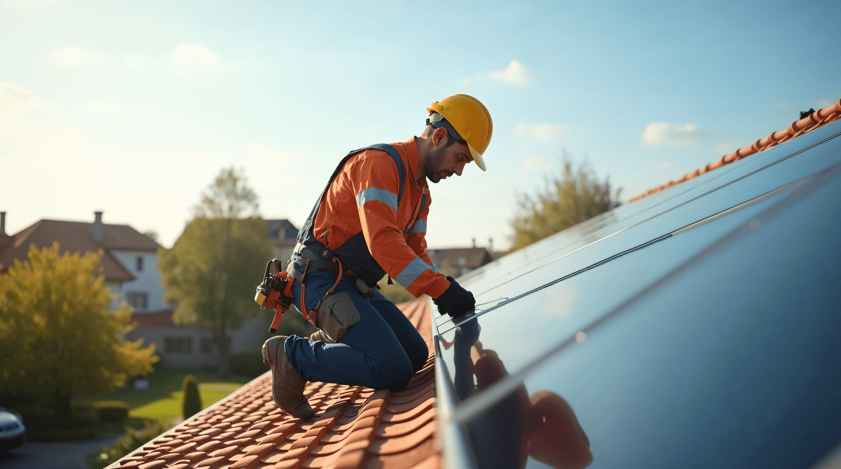 Installateur en tenue de travail posant un panneau solaire monocristallin noir sur une toiture pavillonnaire européenne, lumière naturelle de matinée chaude, ambiance documentaire claire évoquant l'accélération massive du marché résidentiel européen en 2026