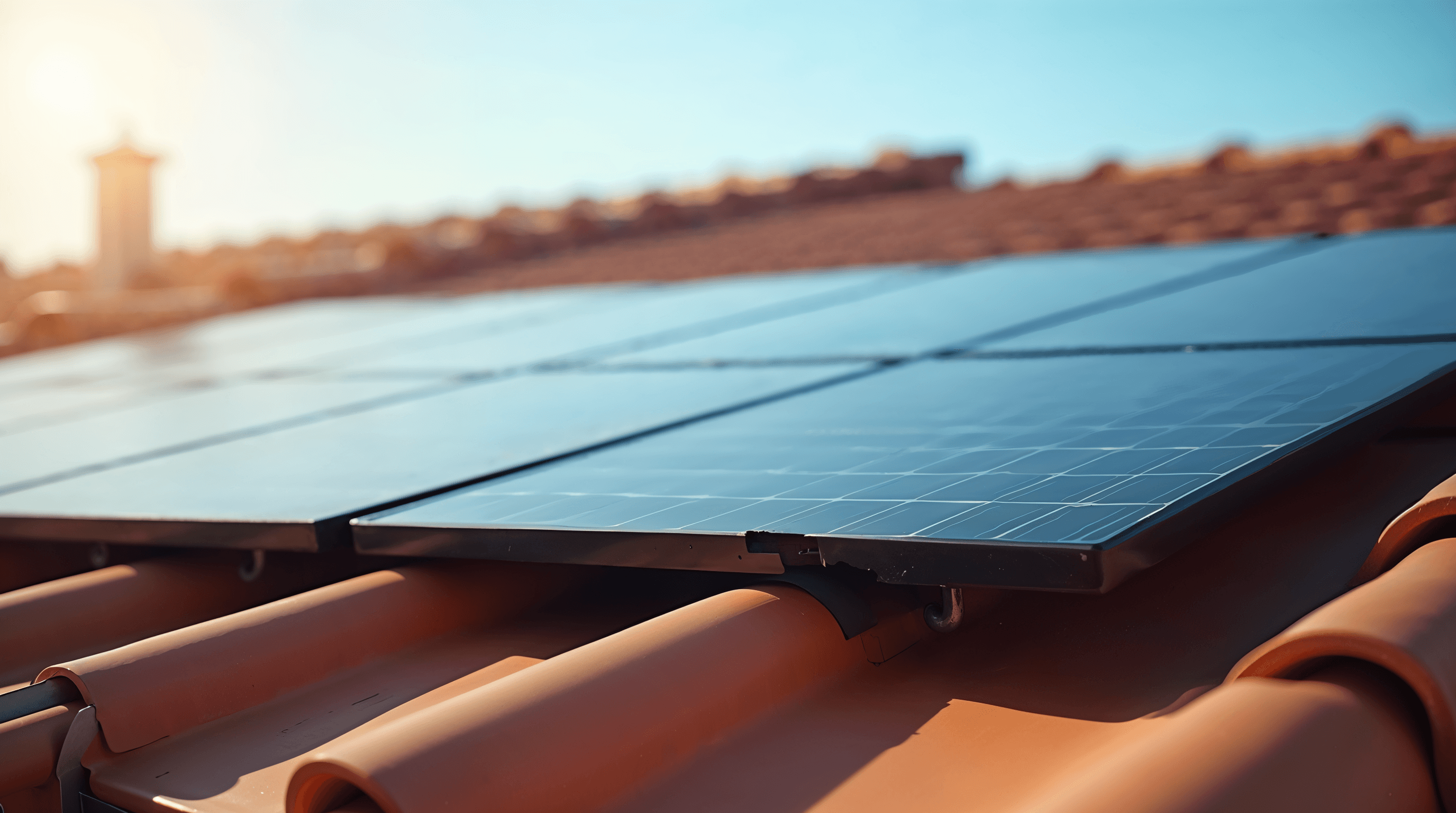 Gros plan éditorial sur une rangée de panneaux solaires noirs posés sur une toiture résidentielle, un panneau visiblement mal aligné par rapport aux autres, lumière naturelle de matinée révélant le défaut, ambiance documentaire claire évoquant la qualité compromise par la ruée du marché