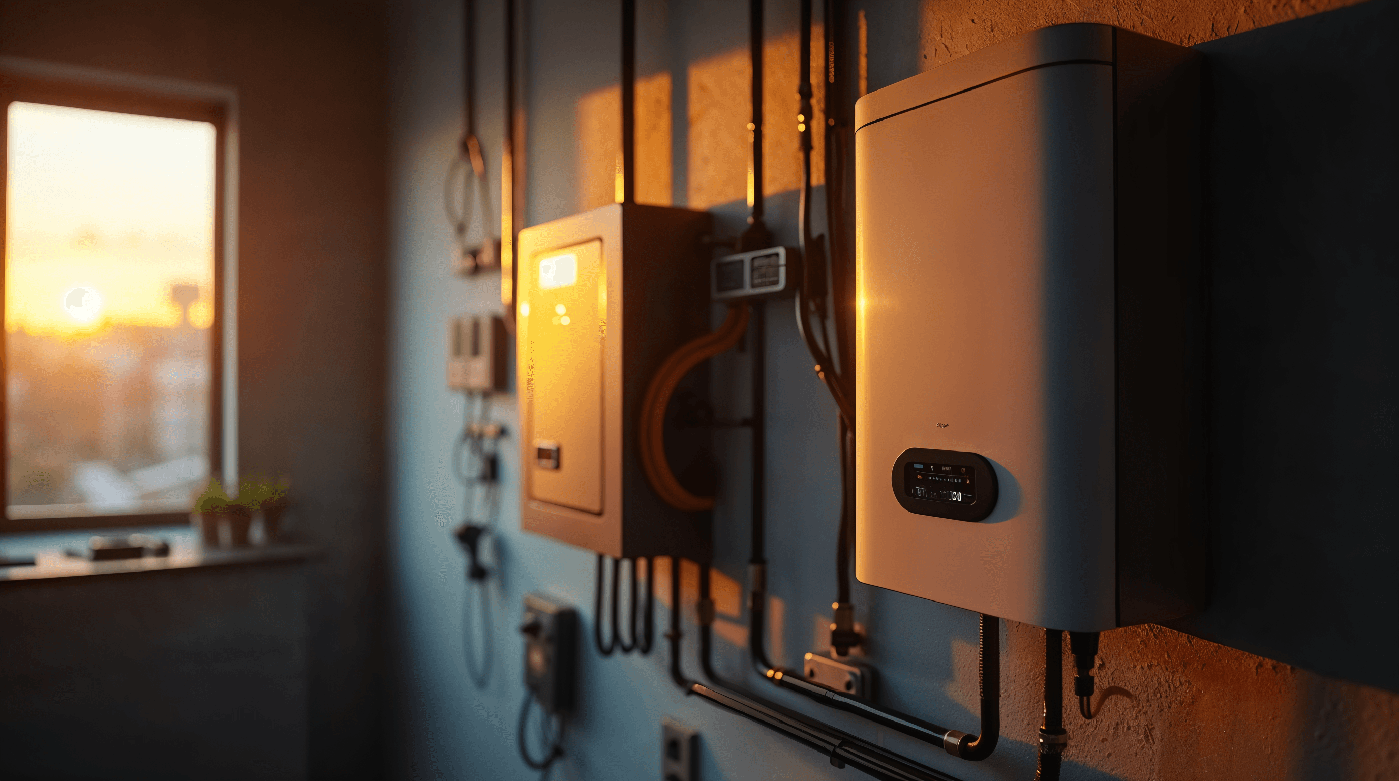 Installation technique d'un kit solaire 500W dans un local technique : batterie LiFePO4 12V murale, onduleur ou micro-onduleur compact, régulateur MPPT, câblage propre et soigné, ambiance éditoriale moderne, photographie technique réaliste