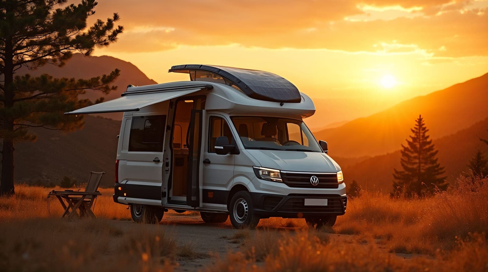 Camping-car ou van aménagé garé en pleine nature au coucher de soleil avec deux panneaux solaires souples de 250W sur le toit, lumière chaude dorée éclatant à l'horizon, ambiance documentaire éditoriale, photographie ultra-réaliste