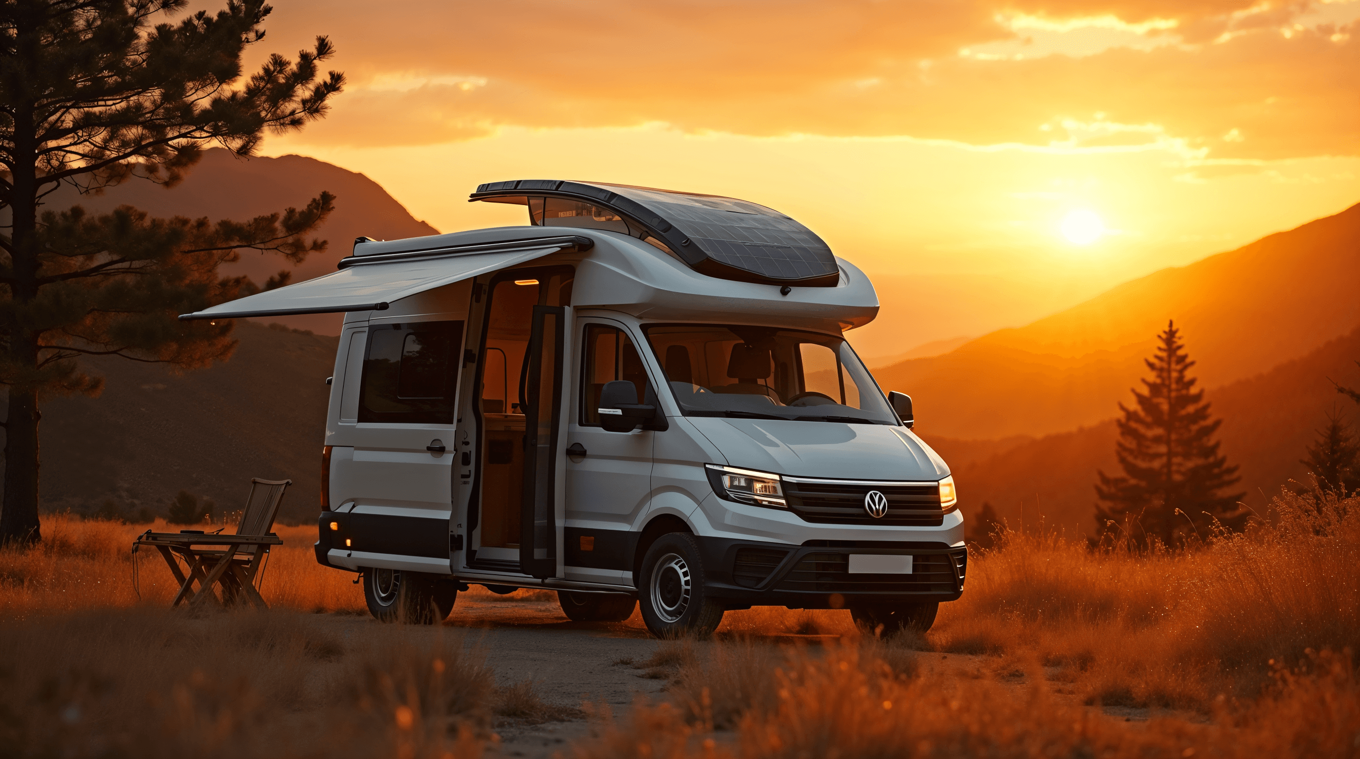 Camping-car ou van aménagé garé en pleine nature au coucher de soleil avec deux panneaux solaires souples de 250W sur le toit, lumière chaude dorée éclatant à l'horizon, ambiance documentaire éditoriale, photographie ultra-réaliste