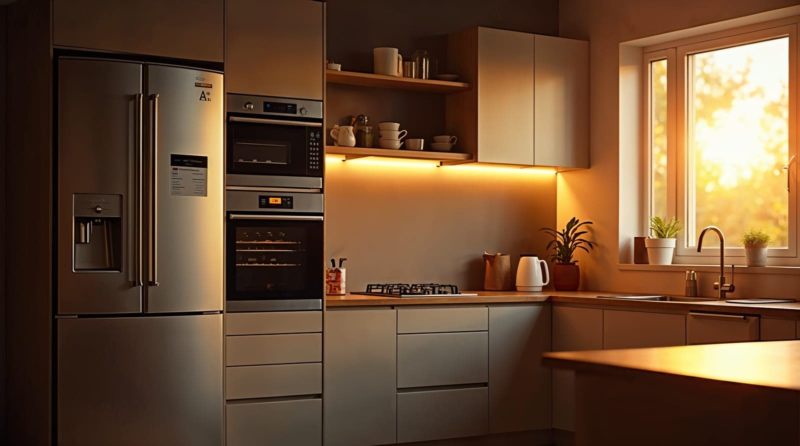 Cuisine moderne lumineuse avec réfrigérateur classe A+++, lave-linge éco, micro-ondes, cafetière et box internet en arrière-plan, équipements domestiques alimentés en autoconsommation solaire 500W, ambiance éditoriale réaliste lumière dorée