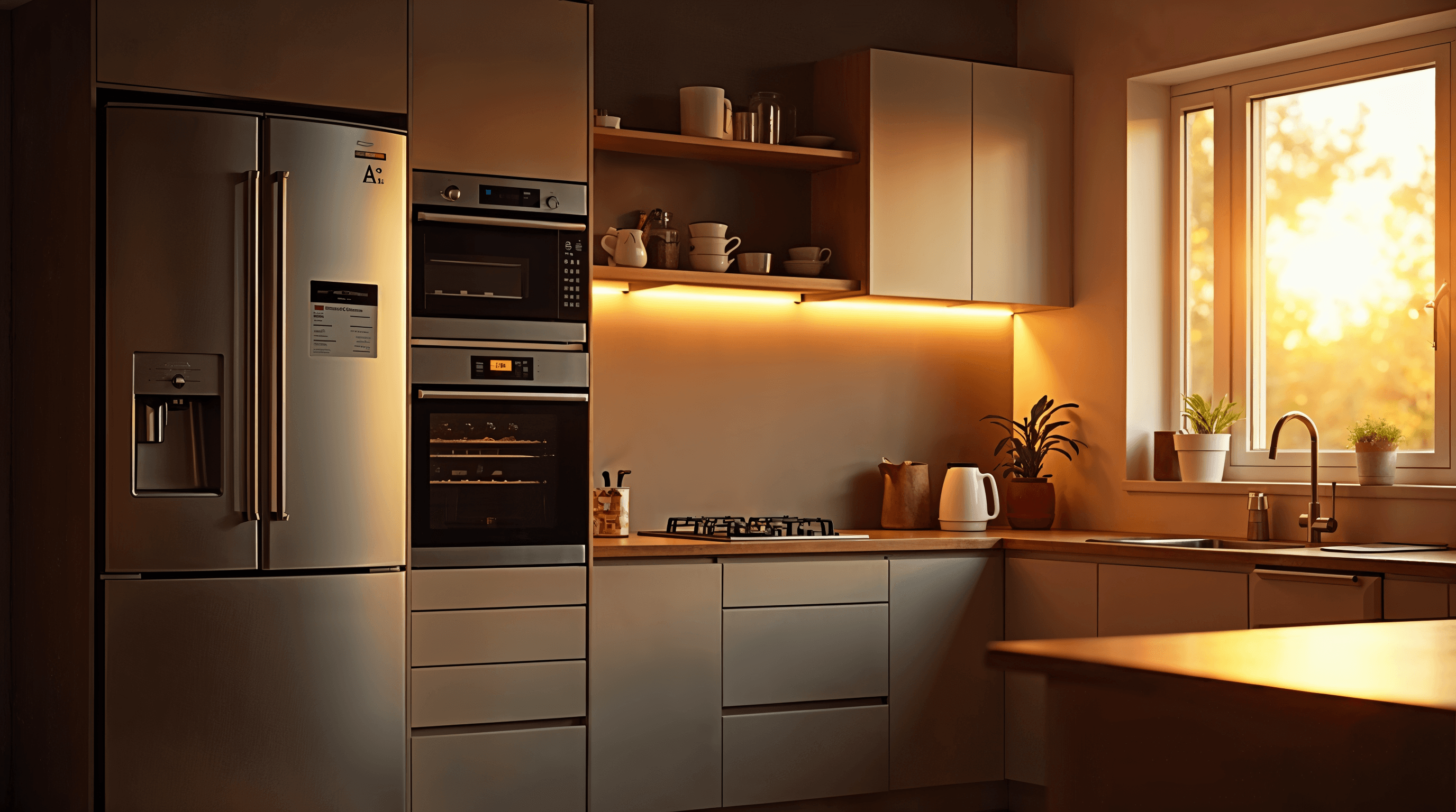 Cuisine moderne lumineuse avec réfrigérateur classe A+++, lave-linge éco, micro-ondes, cafetière et box internet en arrière-plan, équipements domestiques alimentés en autoconsommation solaire 500W, ambiance éditoriale réaliste lumière dorée