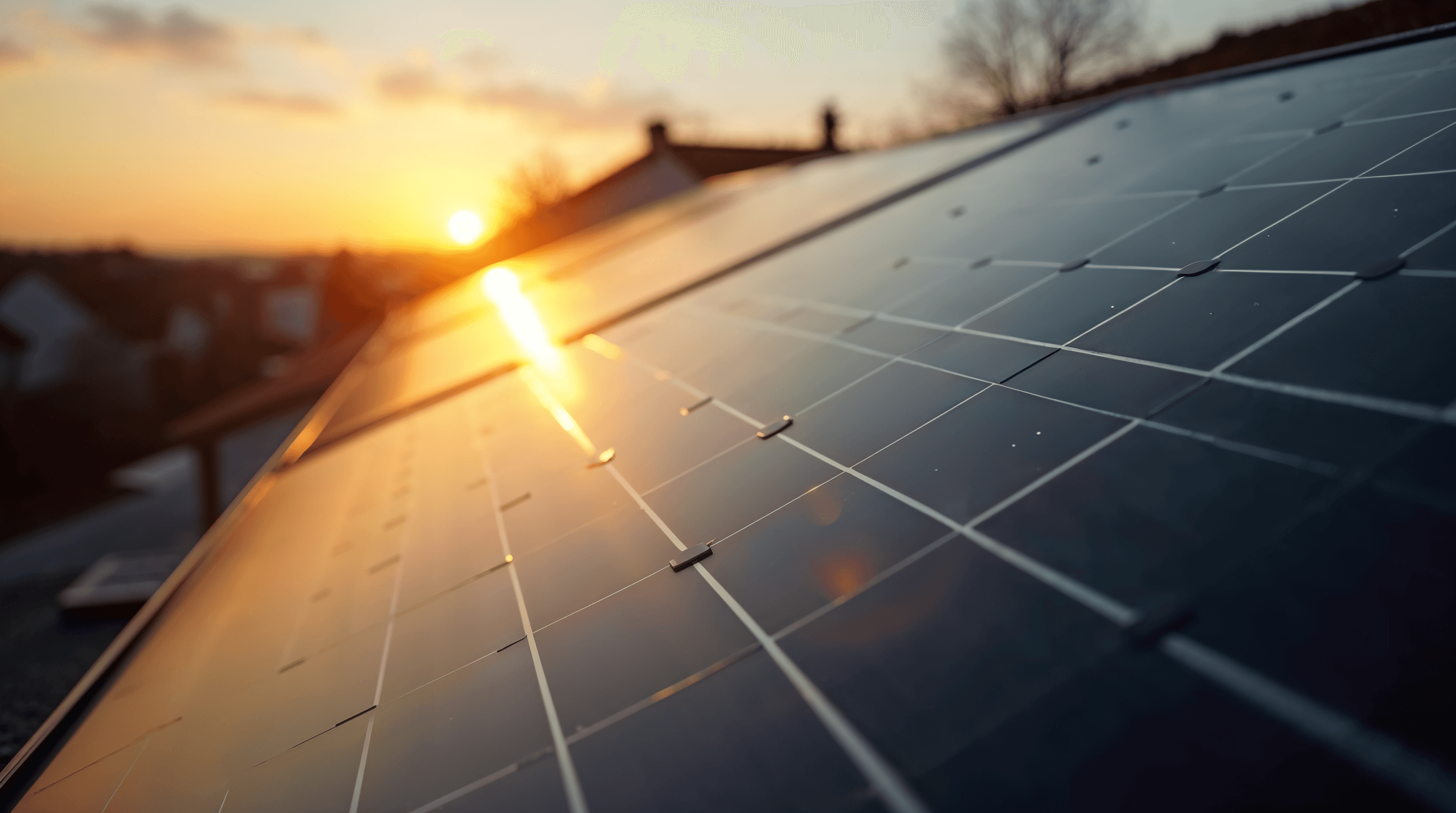 Panneau solaire monocristallin de 500W posé sur une terrasse ou un toit résidentiel, lumière dorée de fin de journée, rayons obliques mettant en valeur les cellules photovoltaïques, ambiance éditoriale réaliste