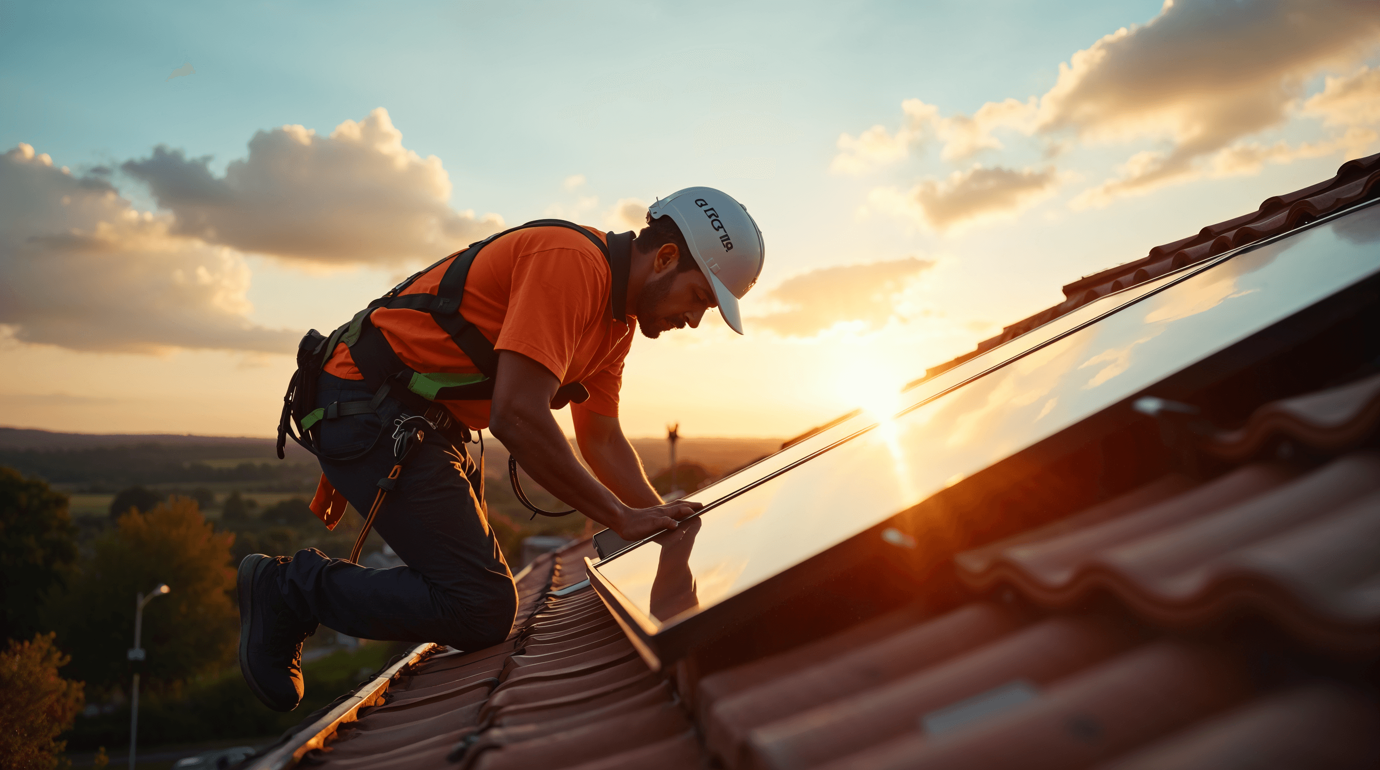 Installateur photovoltaïque RGE QualiPV en équipement de protection individuelle posant un panneau solaire monocristallin noir sur la toiture en tuiles d'une maison française de 80m², lumière dorée latérale, ambiance documentaire éditoriale, photographie ultra réaliste