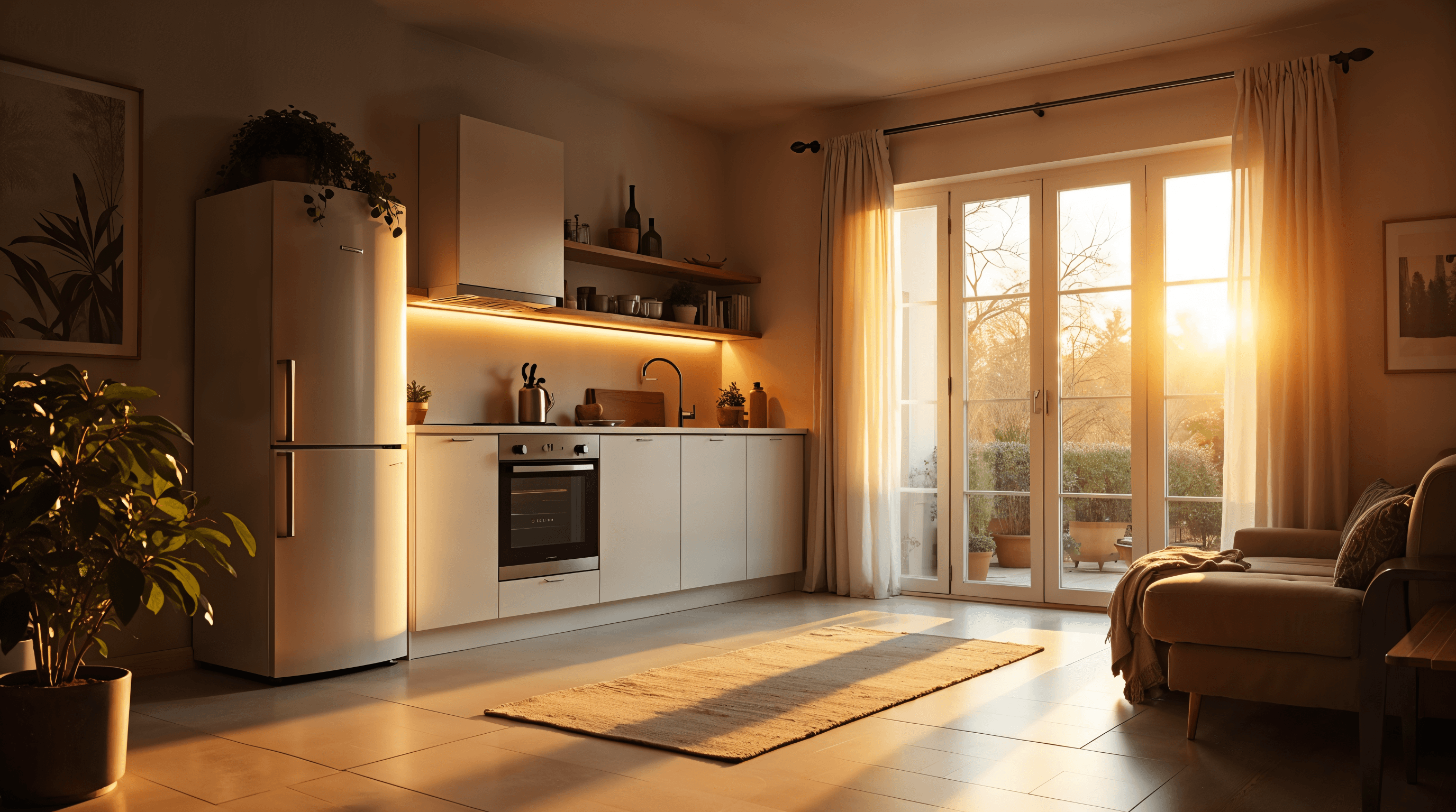 Intérieur lumineux et moderne d'une maison française de 80 m² avec cuisine ouverte sur salon, électroménager visible (réfrigérateur, lave-vaisselle, four), pompe à chaleur extérieure aperçue par la fenêtre, lumière dorée chaude de fin d'après-midi entrant par les baies vitrées, photographie éditoriale ultra réaliste