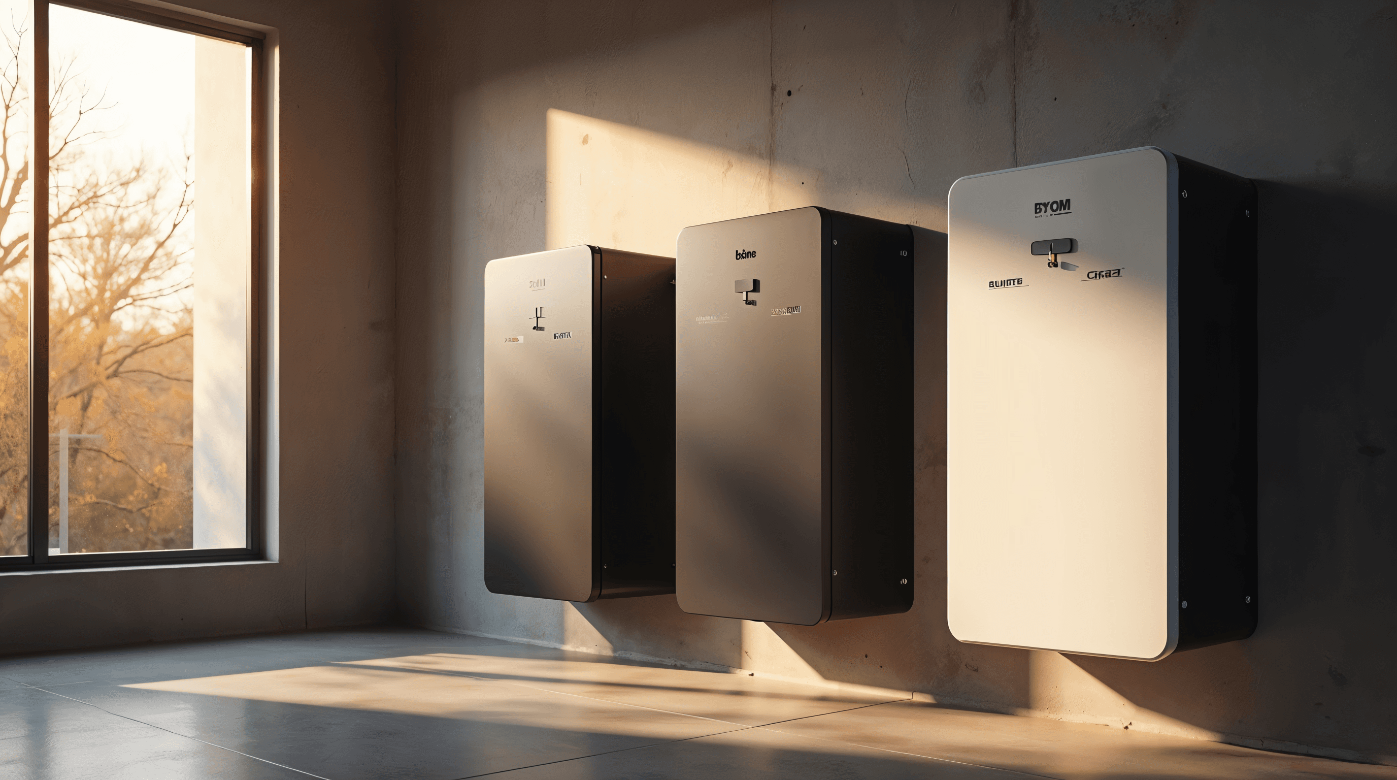 Composition éditoriale en showroom de trois batteries résidentielles murales modernes Pylontech, BYD Battery-Box et Huawei LUNA2000, boîtiers noirs et blancs mat avec étiquettes de capacité visibles, design modulaire empilable, sol béton poli, lumière dorée latérale dramatique de fin de journée, photographie produit ultra réaliste, ambiance éditoriale