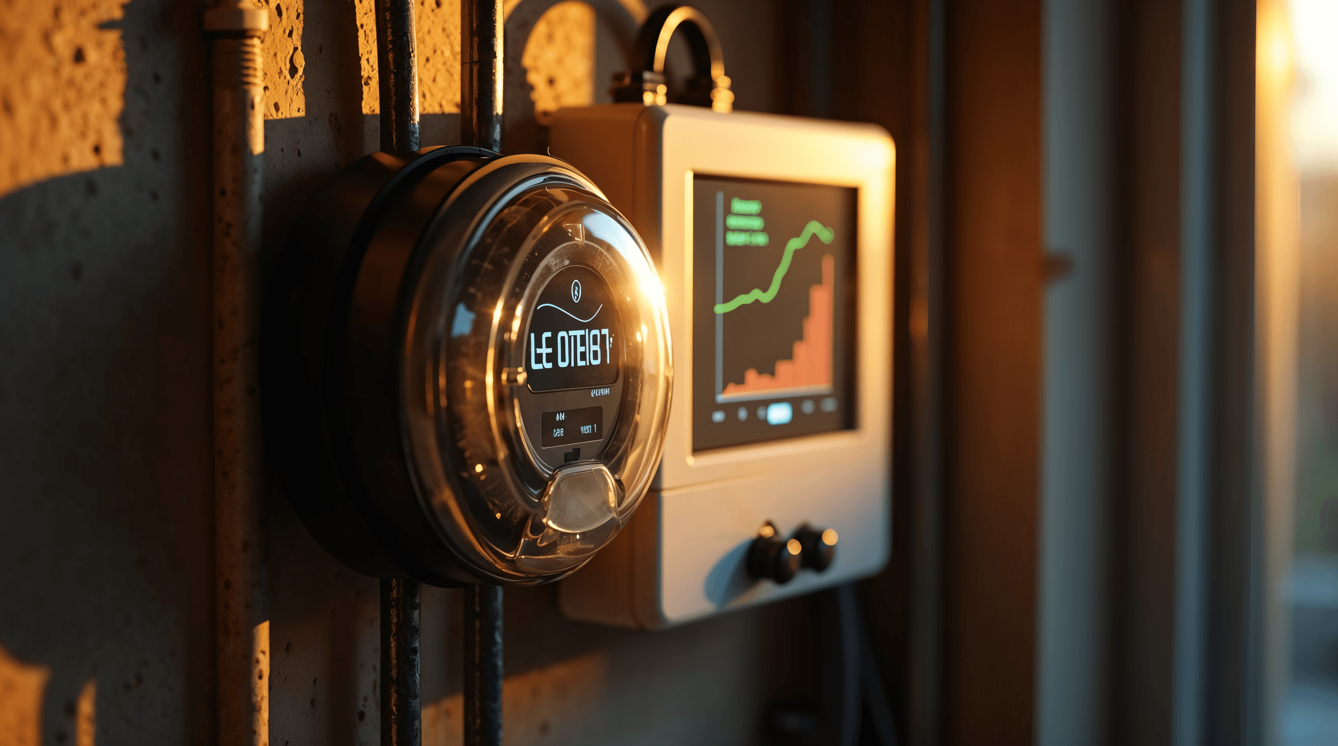 Plan rapproché d'un tableau électrique français domestique avec compteur Linky et écran de monitoring solaire mural affichant des courbes de production et de consommation, câblage propre, lumière dorée latérale d'une fenêtre éditoriale, ambiance technique ultra réaliste