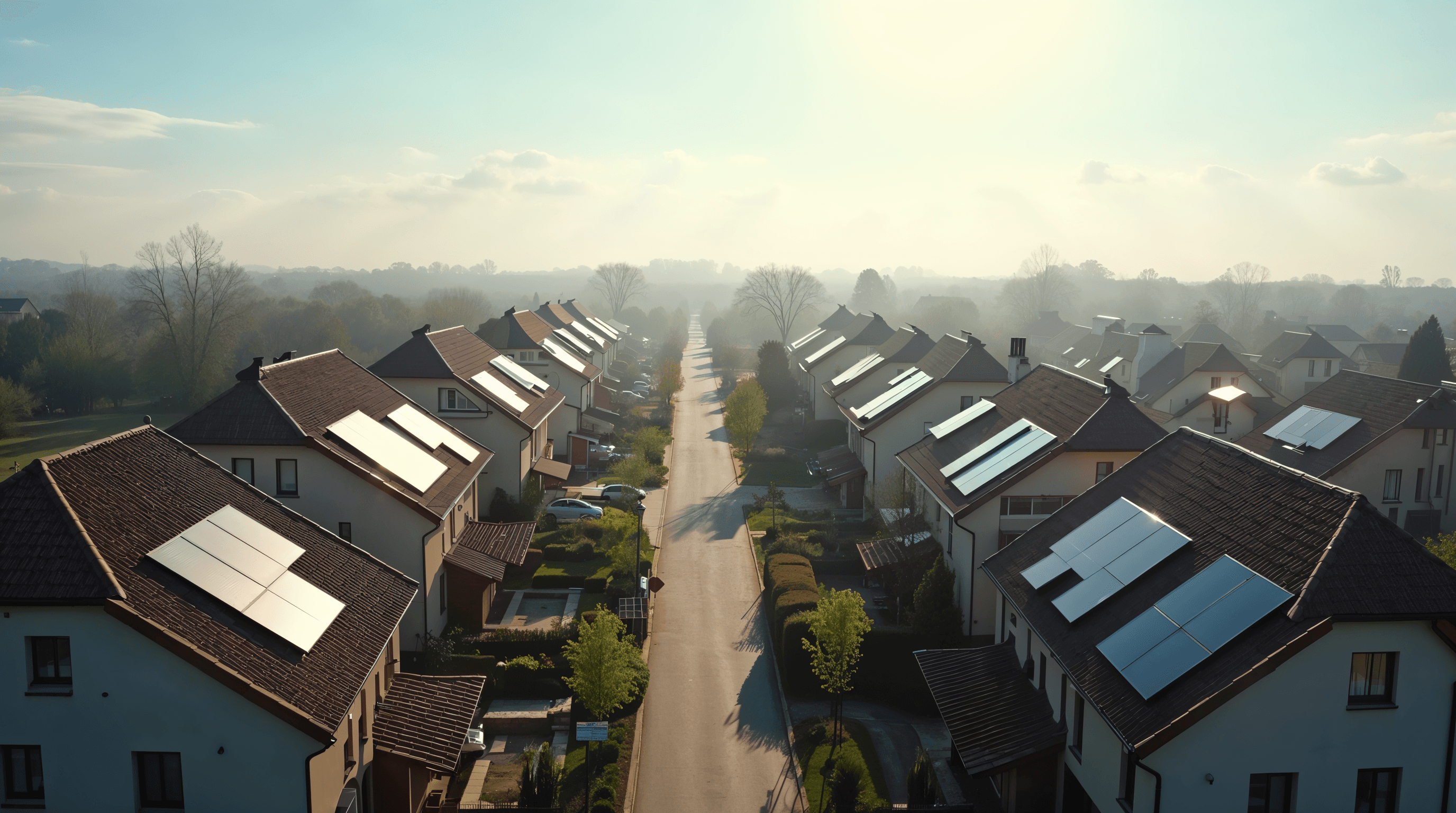 Vue large d'un quartier résidentiel européen en lumière naturelle douce, toitures pavillonnaires couvertes de panneaux solaires noirs alignés, ciel bleu clair, ambiance documentaire éditoriale claire évoquant un mouvement collectif silencieux d'équipement solaire