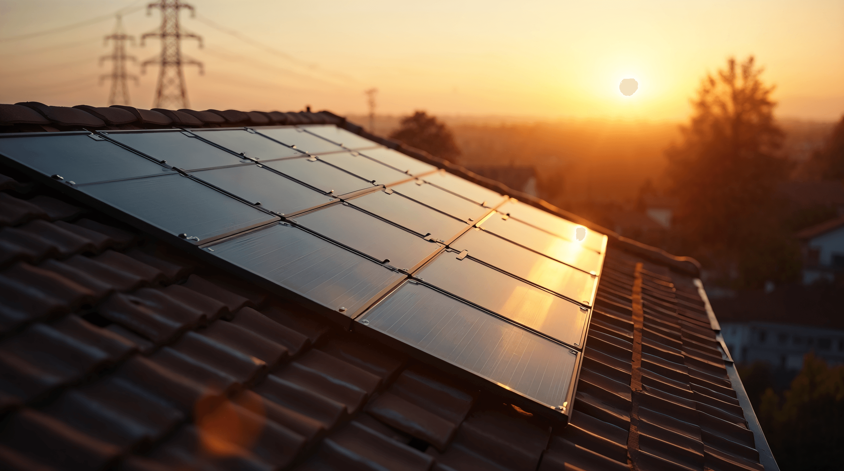Toiture résidentielle française couverte de panneaux solaires monocristallins noirs, vue cinématique au crépuscule, lumière dorée rasante sur les modules, ambiance éditoriale de tournant tarifaire, photographie ultra réaliste