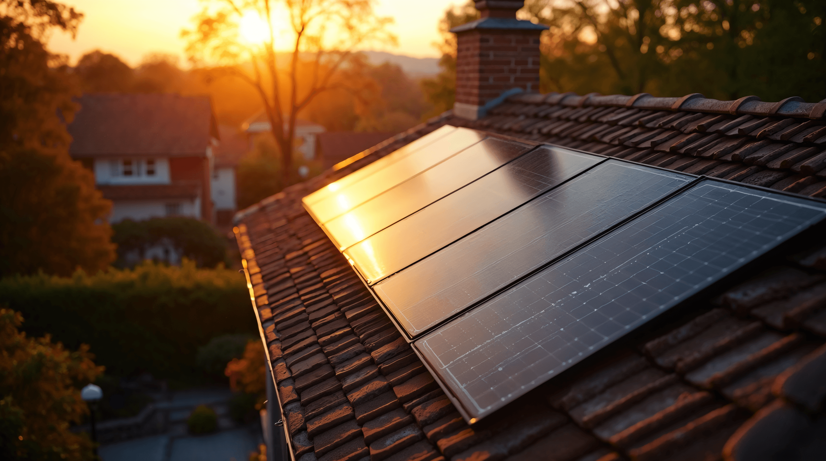 Toiture résidentielle française couverte de panneaux solaires monocristallins noirs au crépuscule, lumière dorée rasante de fin de journée éclairant les modules, ombres longues sur la toiture, ambiance éditoriale cinématique, photographie ultra réaliste