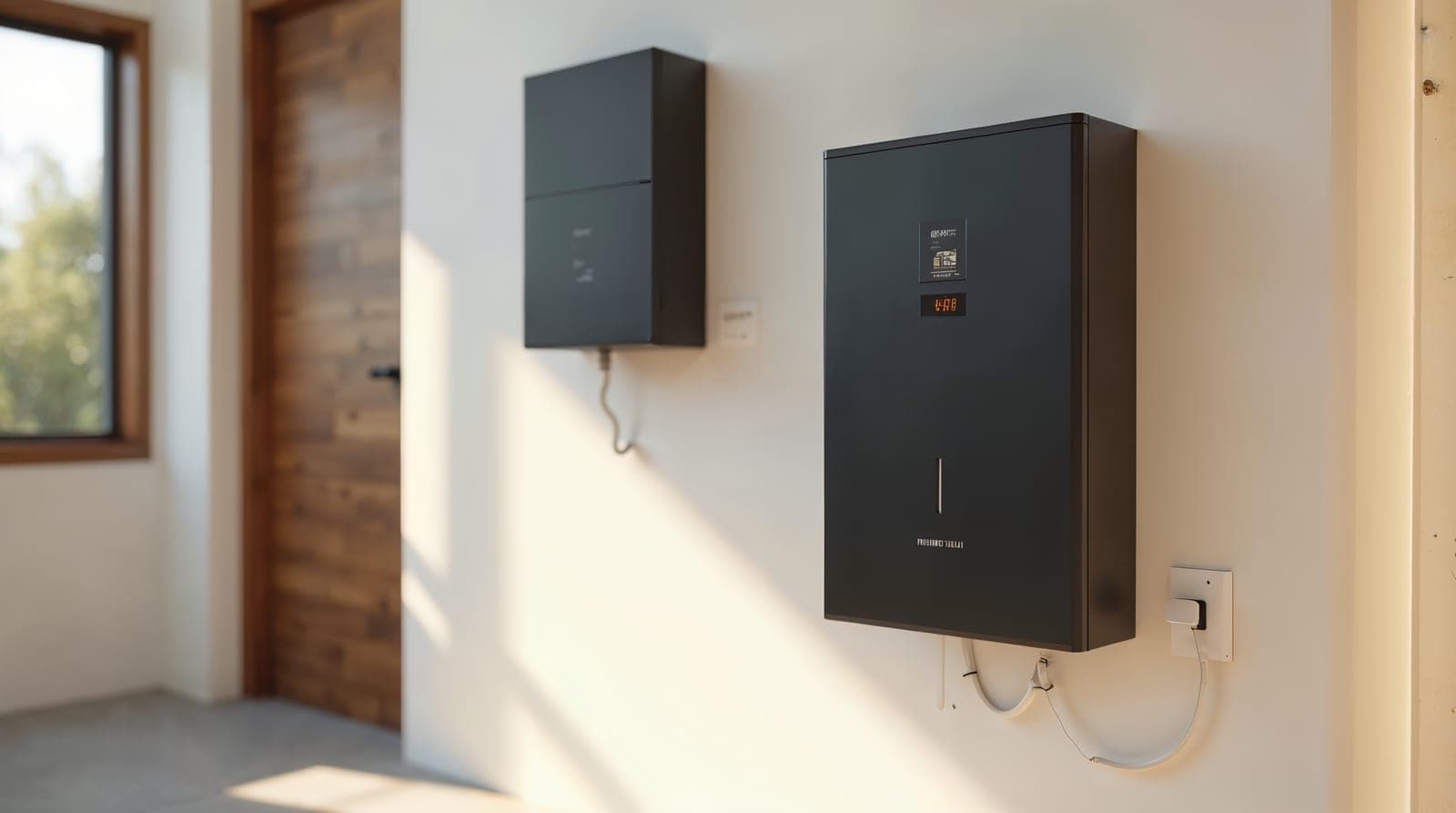 Vue éditoriale claire d'une batterie résidentielle LiFePO4 murale et d'un onduleur hybride installés dans un local technique propre, lumière naturelle douce de jour, ambiance documentaire évoquant la pièce maîtresse qui détermine le taux d'autoconsommation d'une installation photovoltaïque