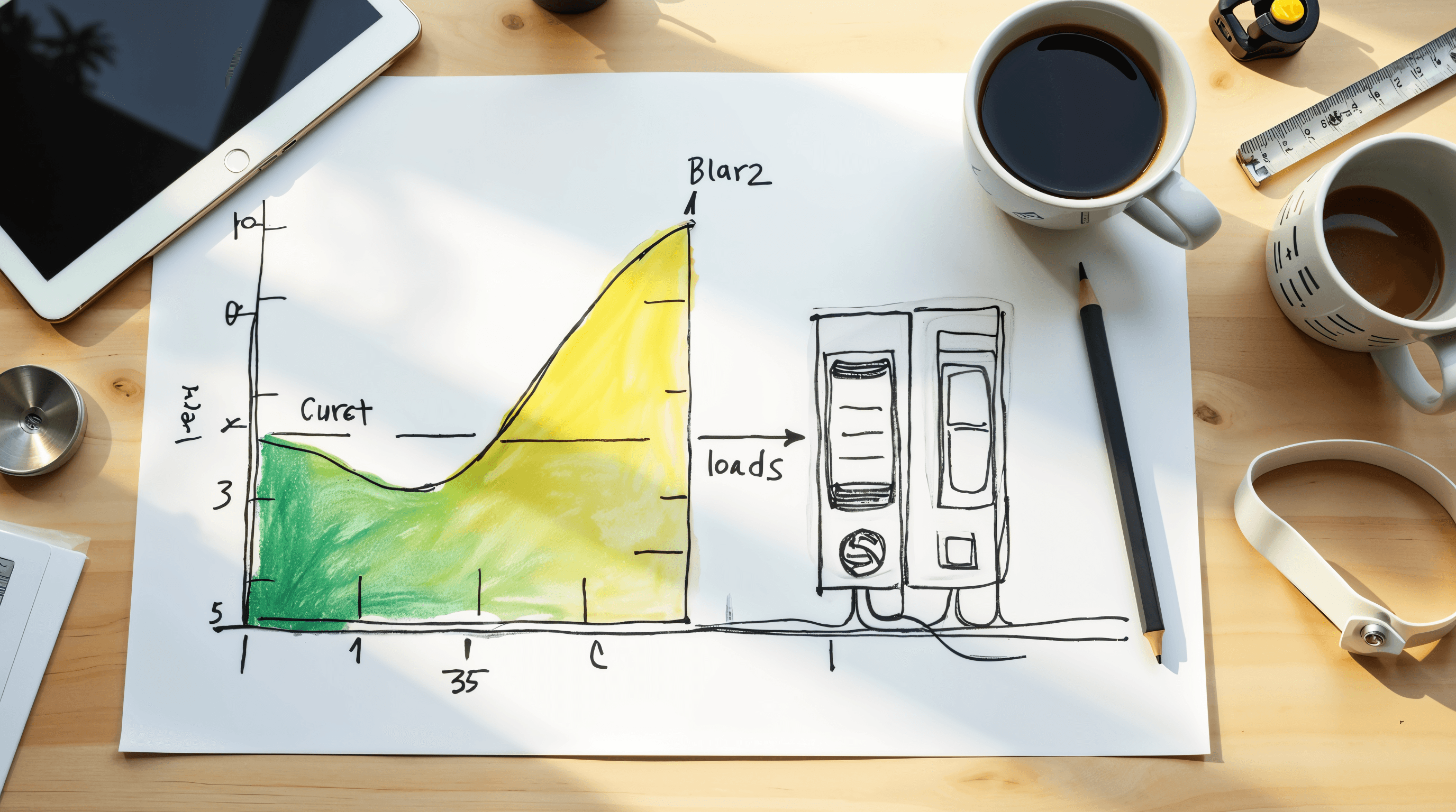 Composition éditoriale flat lay sur une table en bois clair : une tablette tactile affichant une courbe de charge journalière abstraite verte et jaune sans valeurs lisibles, un schéma technique annoté à la main avec un crayon graphite à côté, un mètre ruban, une tasse de café noir, lumière naturelle dorée matinale, ambiance professionnelle réaliste, pas de texte lisible