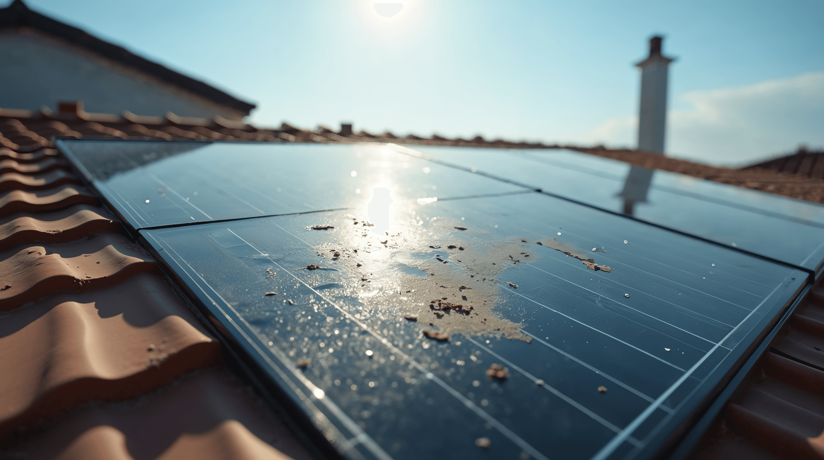 Plan rapproché de panneaux solaires en toiture avec dépôt visible de poussière, traces de fientes et pollen, contraste entre zones sales et propres, lumière naturelle claire de jour, photographie documentaire éditoriale ultra réaliste
