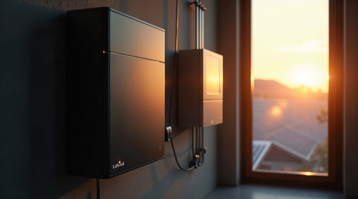Batterie solaire domestique LiFePO4 murale moderne installée dans un cellier à côté d'un onduleur, panneaux solaires 6 kWc visibles par la fenêtre, ambiance technique éditoriale lumière dorée