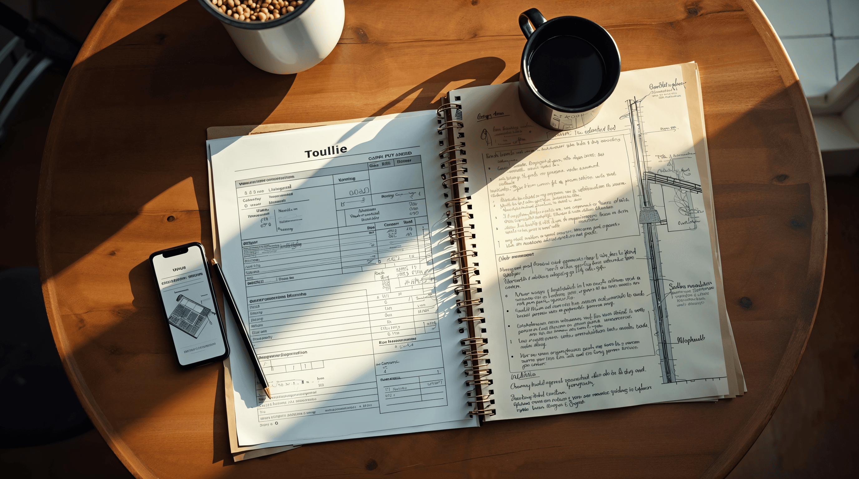 Plan en plongée d'une table de salle à manger française avec un devis photovoltaïque détaillé, plan de toiture annoté, smartphone affichant un simulateur solaire, café noir et carnet de notes manuscrites, lumière dorée chaude entrant par la baie vitrée, ambiance éditoriale lifestyle ultra réaliste