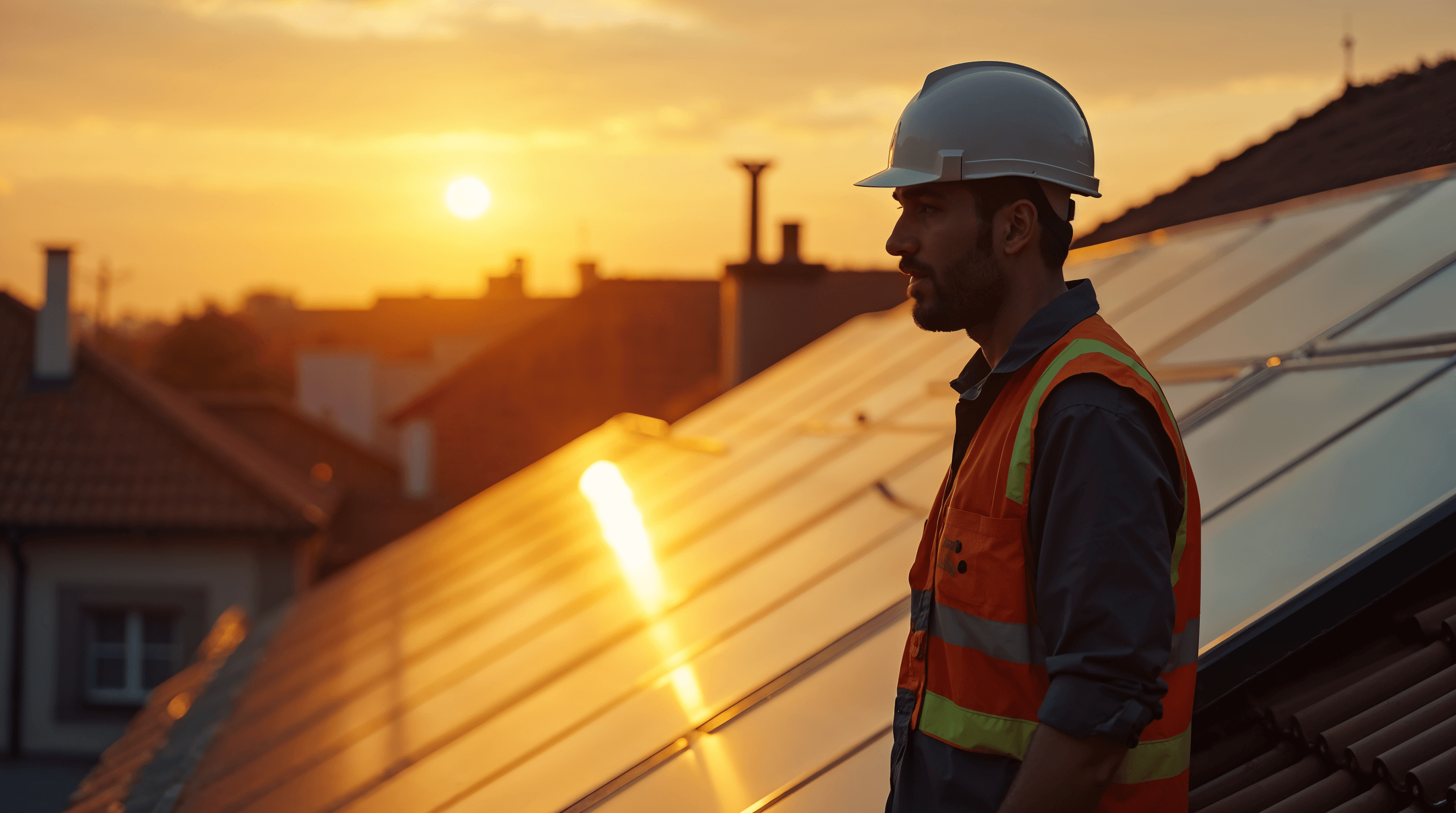 Un installateur photovoltaïque en équipement de protection individuelle se tient sur la toiture d'une maison française au coucher du soleil, l'air pensif face à un propriétaire qui pose une question, lumière dorée éclatante avec rayons obliques, ambiance documentaire éditoriale tendue, photographie cinématographique ultra réaliste