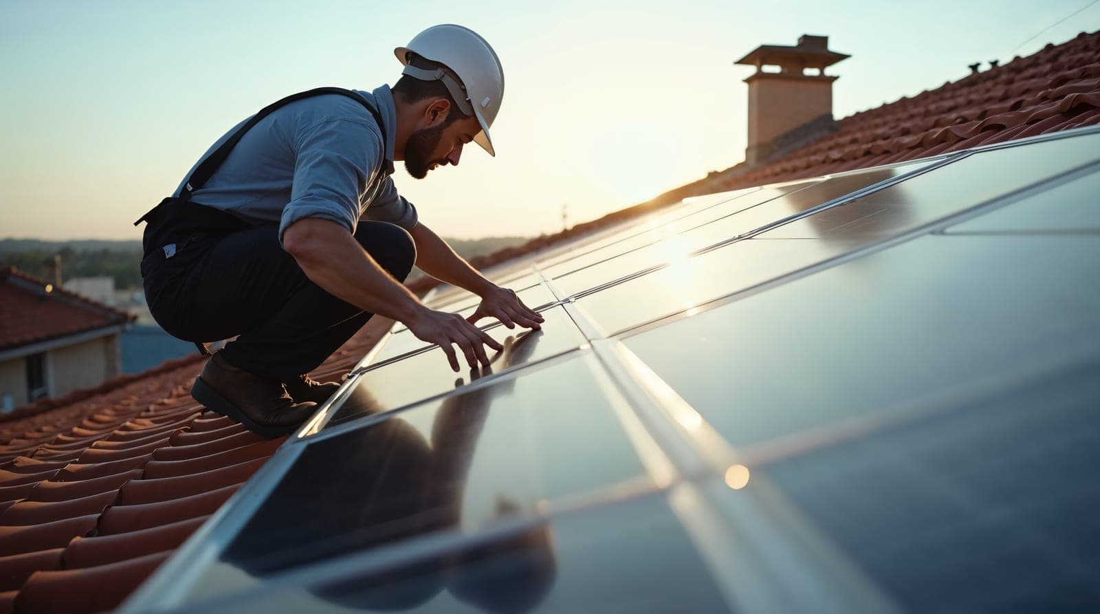 Installateur photovoltaïque vu de profil alignant soigneusement un panneau solaire sur une toiture française en lumière de jour claire, illustrant l'importance du calepinage