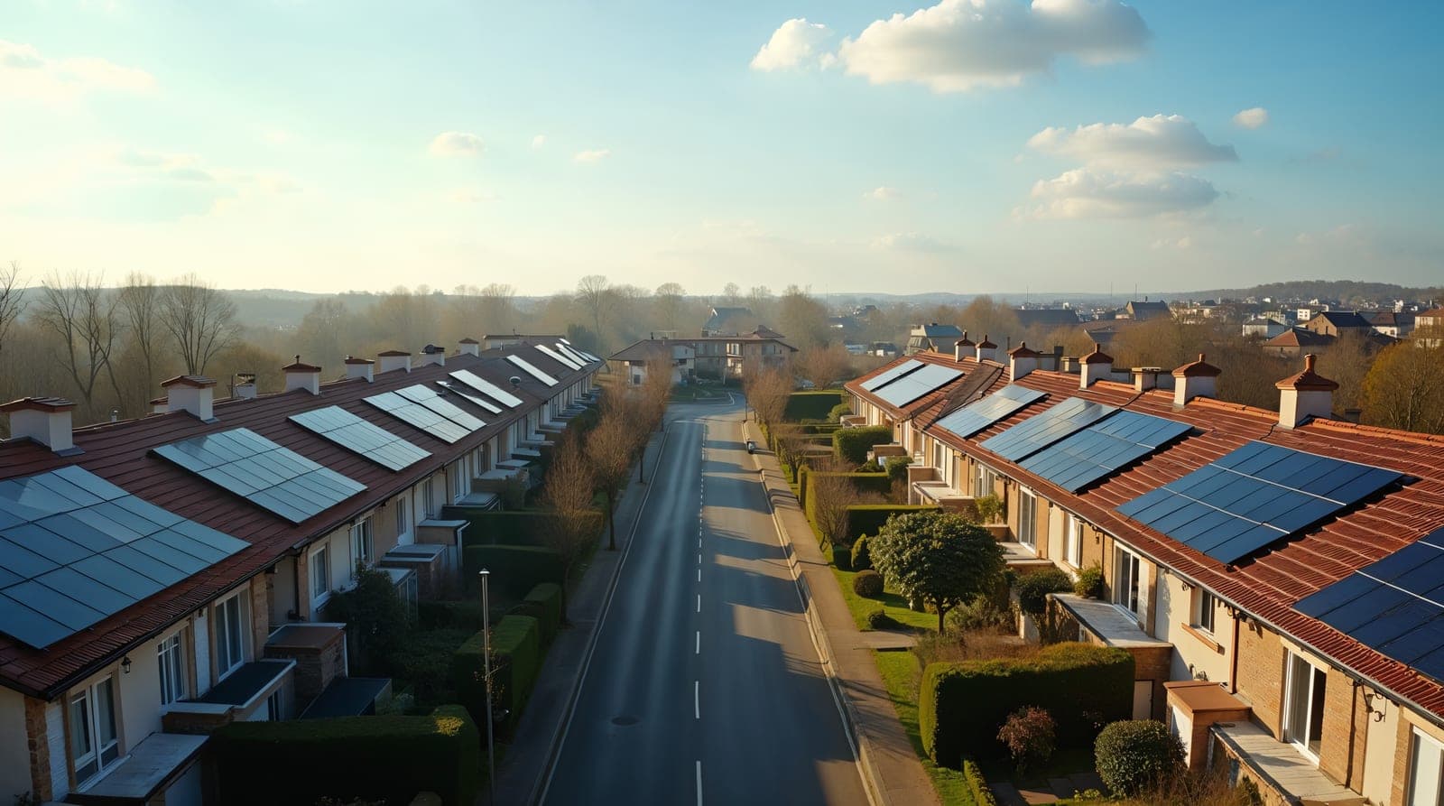 Vue large de toitures résidentielles françaises équipées de panneaux solaires sous une lumière de jour claire, illustrant le mouvement collectif d'équipement des foyers